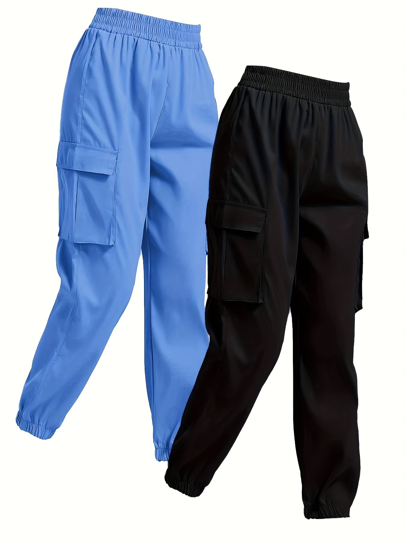 2 Pack Solid Jogger Cargo Pants, Casual Flap Pocket Elastic Waist Pants, Women's Clothing