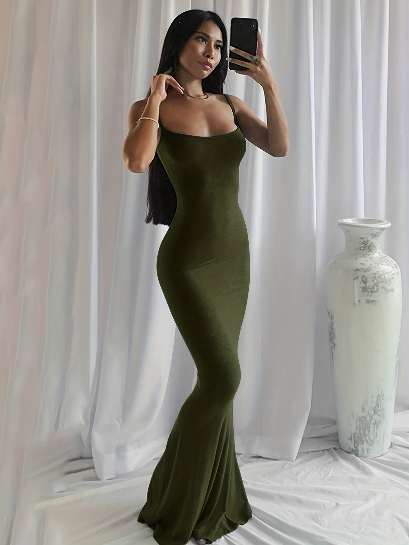 Solid Spaghetti Strap Dress, Sexy Sleeveless Bodycon Maxi Dress, Women's Clothing