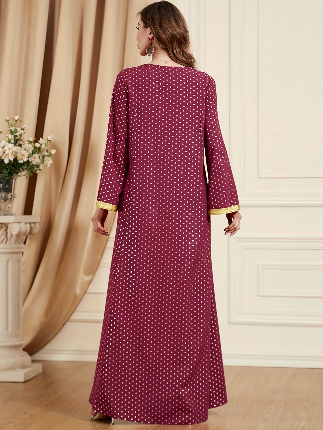 Ramadan Polka-dot Contrast Trim Kaftan Dress, Elegant V-neck Long Sleeve Maxi Length Dress