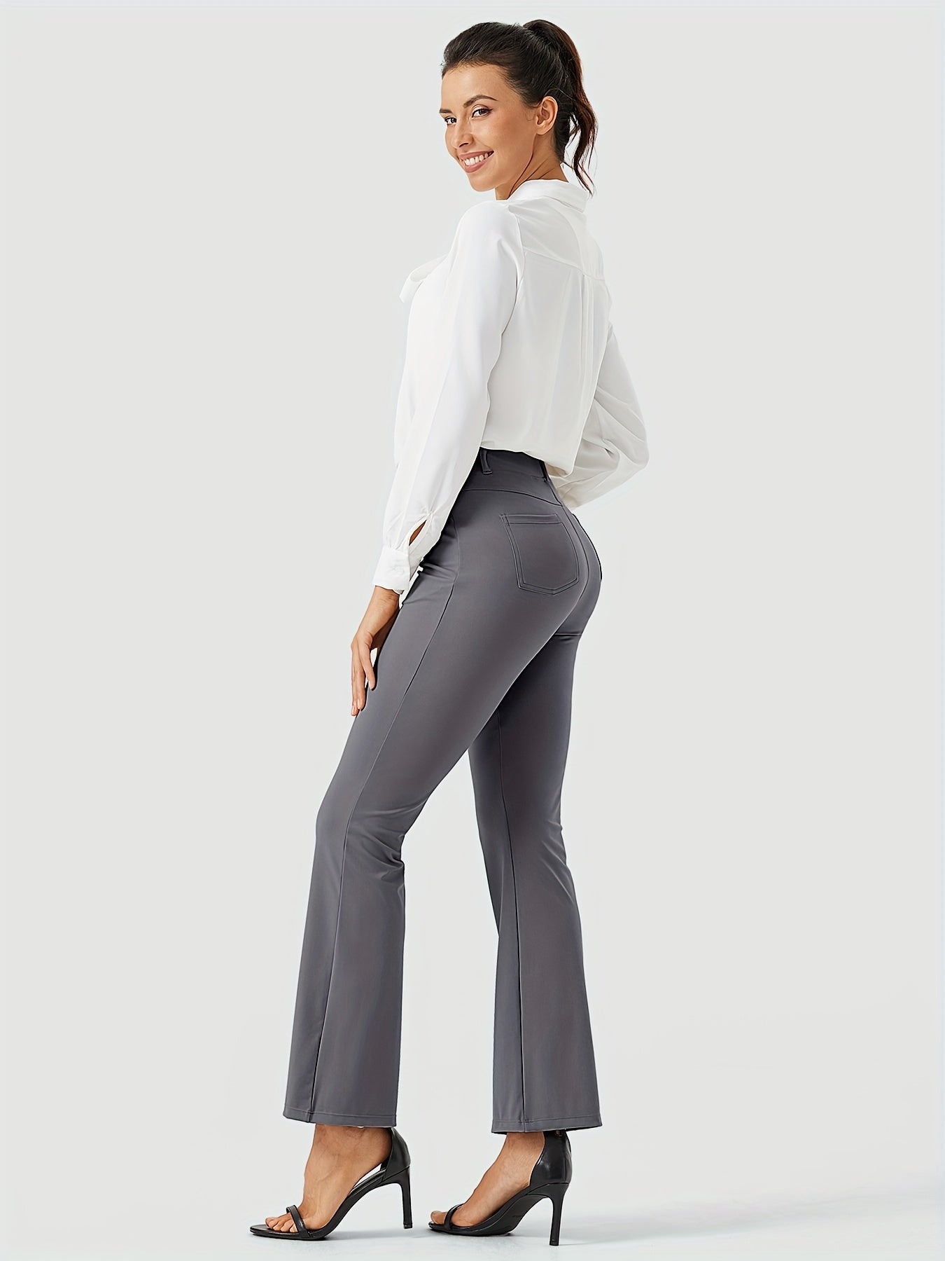 Women's Yoga Dress Work Pants Lightweight Slacks Stretch Casual Office Flare Pants Wide Leg With Belt Loops 4 Pockets