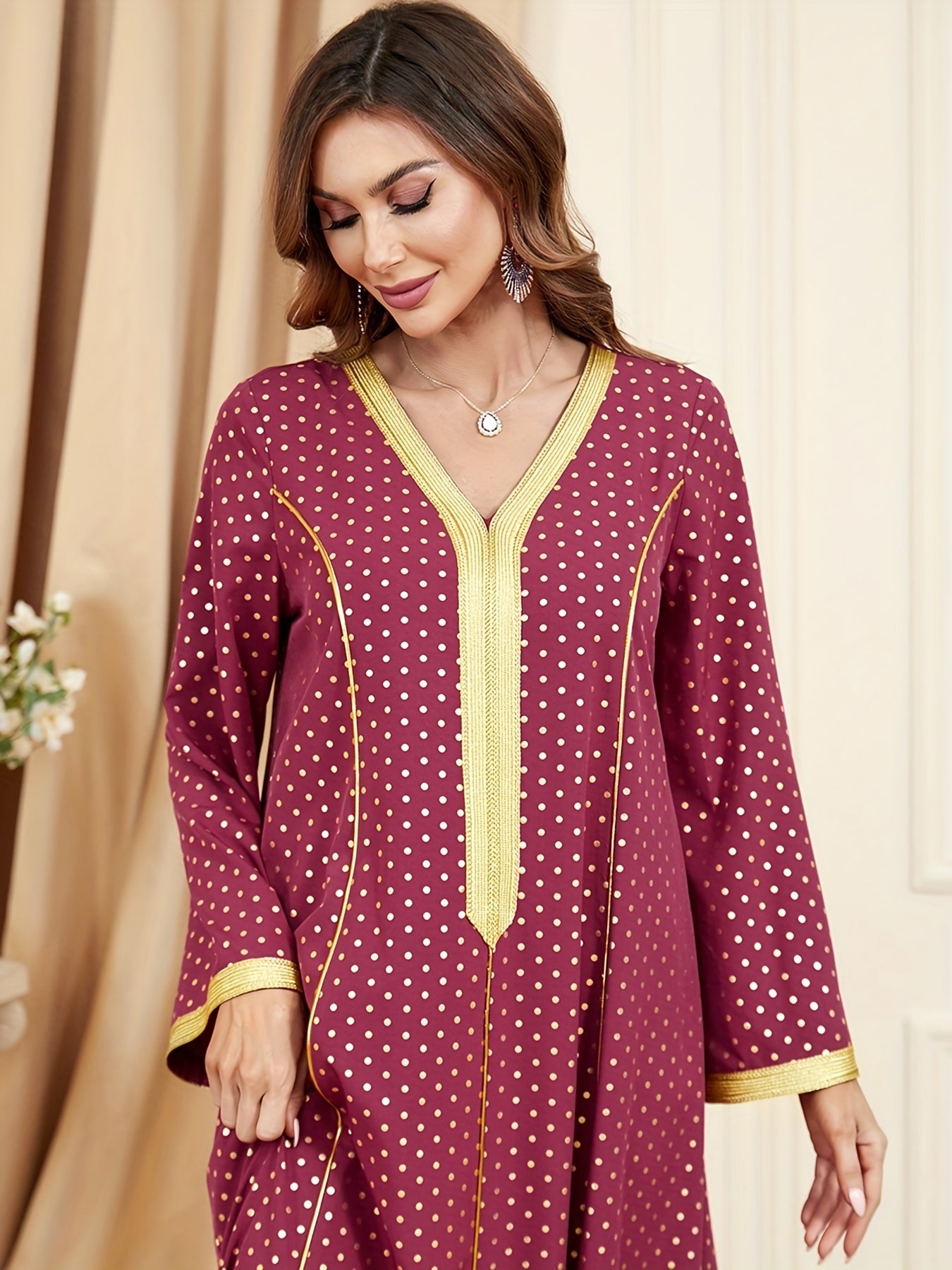 Ramadan Polka-dot Contrast Trim Kaftan Dress, Elegant V-neck Long Sleeve Maxi Length Dress