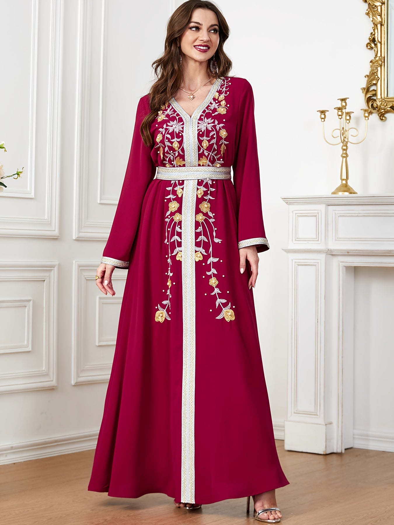 Floral Pattern V Neck Kaftan, Elegant Long Sleeve Belted Maxi Dress