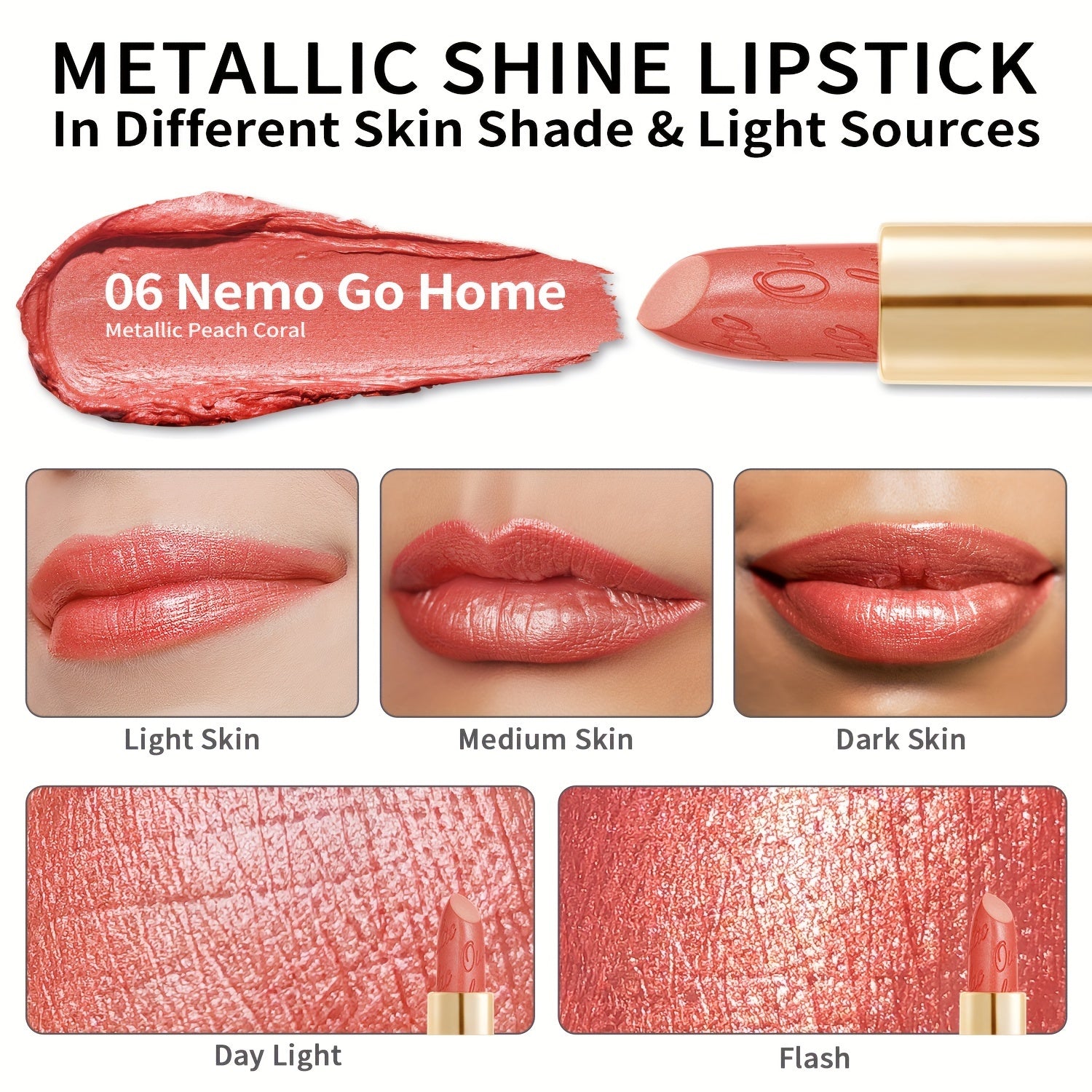 Oulac Peach Coral Lipstick 3Pcs Set For Women - Included Metallic Shine Lipstick, Infinity Moisture Shine Lipstick