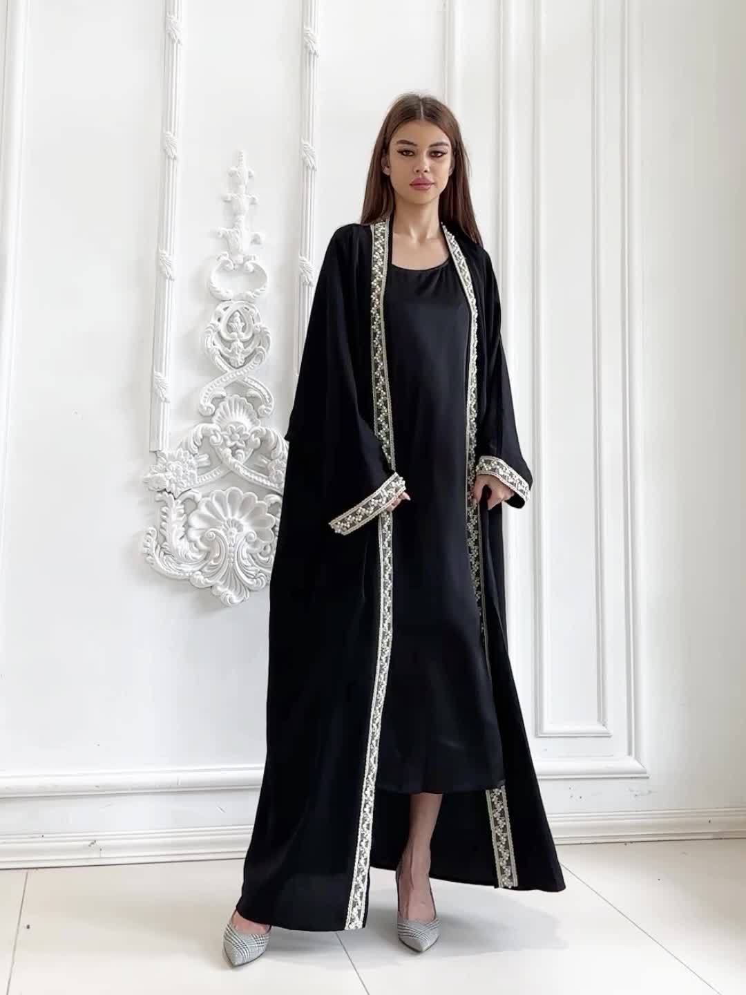 Contrast Trim Beaded Abaya, Elegant Batwing Sleeve Loose Maxi Belted Dress