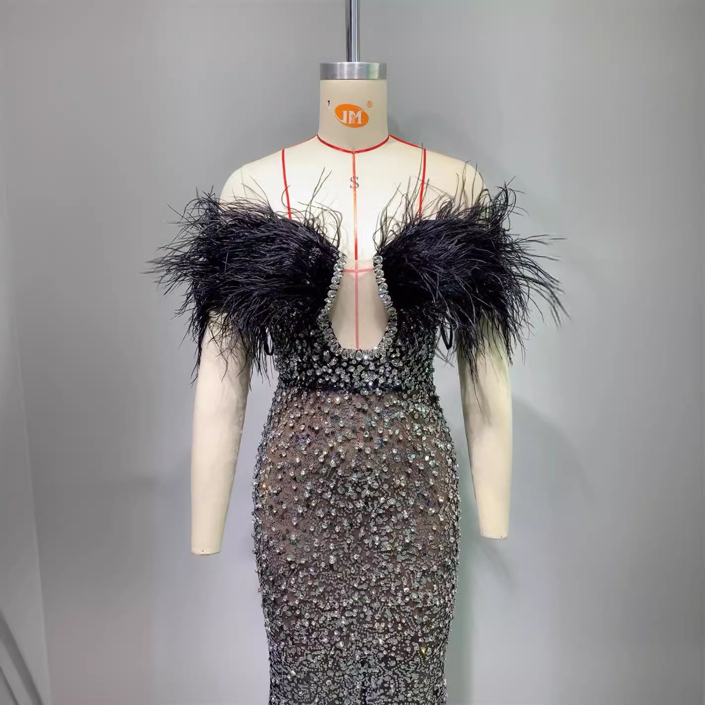 Luxury Feather Rhinestone V-neck Tube Top Sequins Dress