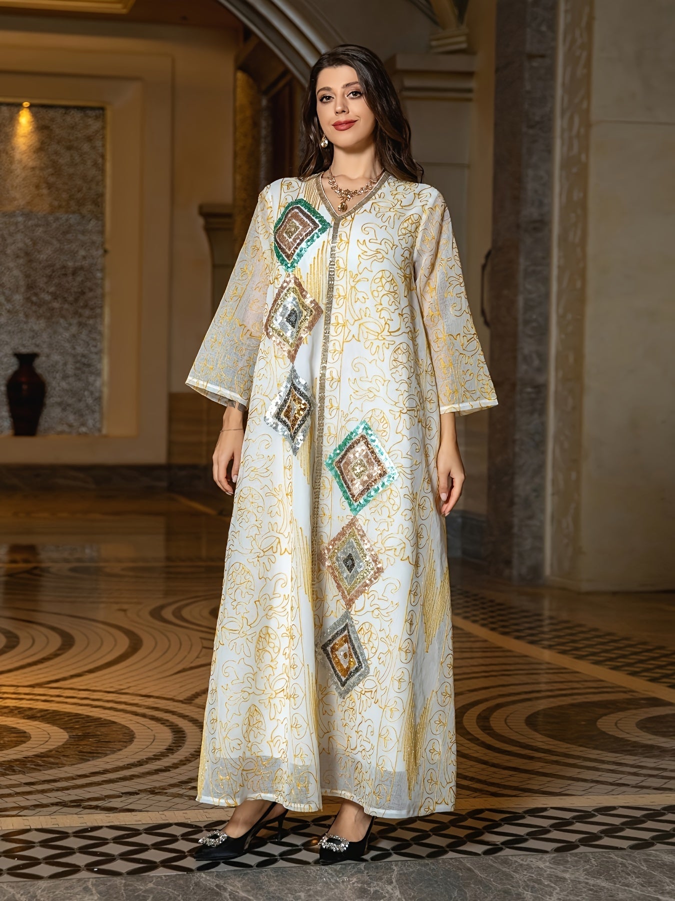 Embroidered Sequin V Neck Kaftan Dress