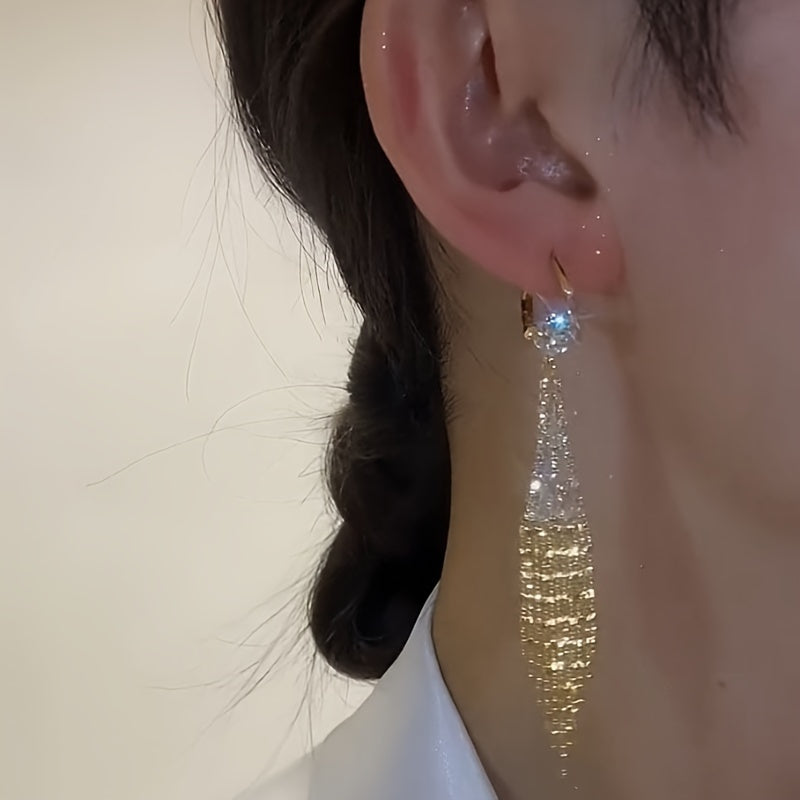 Elegant Dangle Earrings Sparkling Tassel Design Paved Shining Zirconia Match