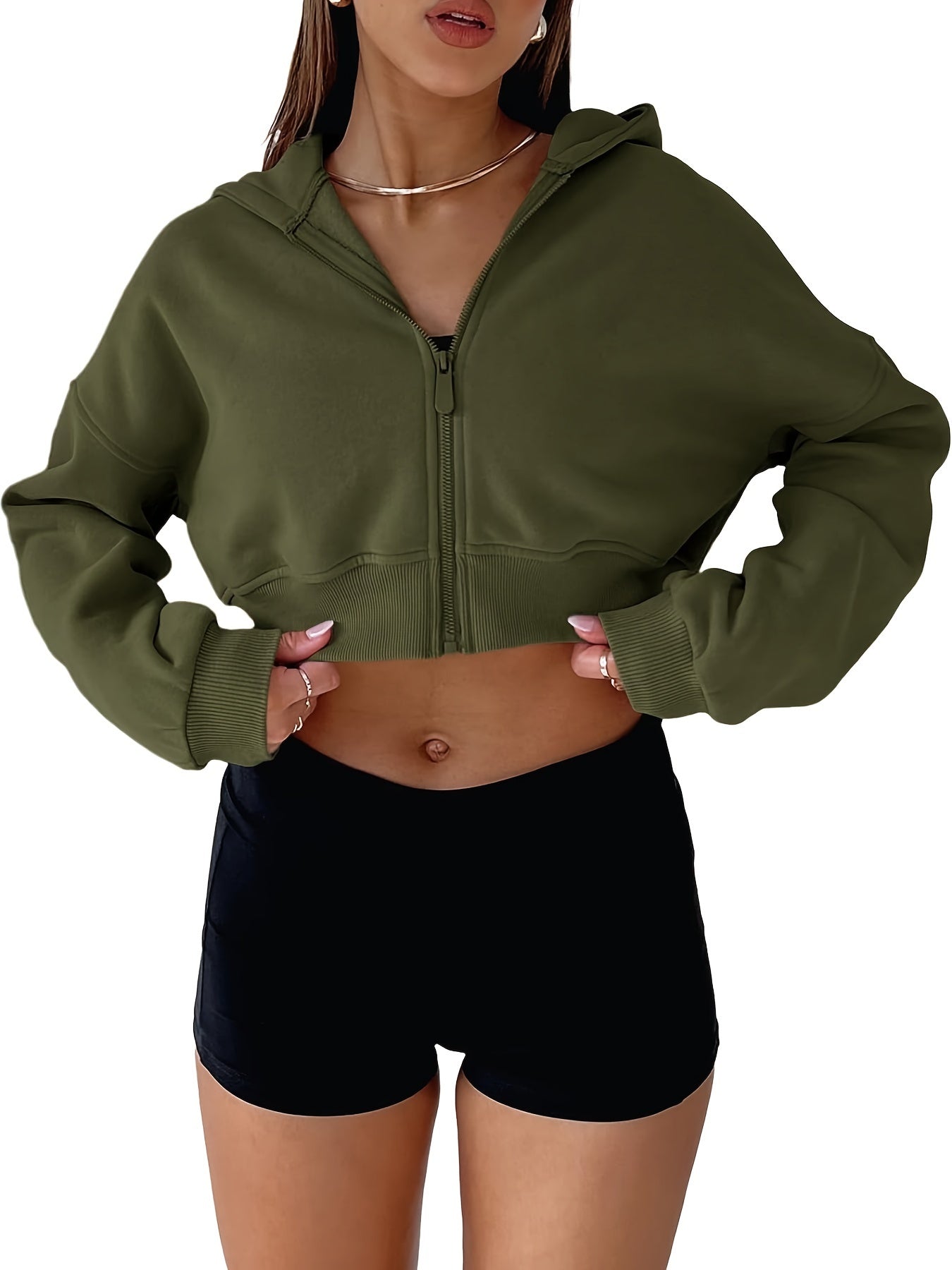 Drop Shoulder Crop Zipper Hoodie, Y2K Long Sleeve Solid Simple Versatile Hoodies Sweatshirt, Women's Clothing