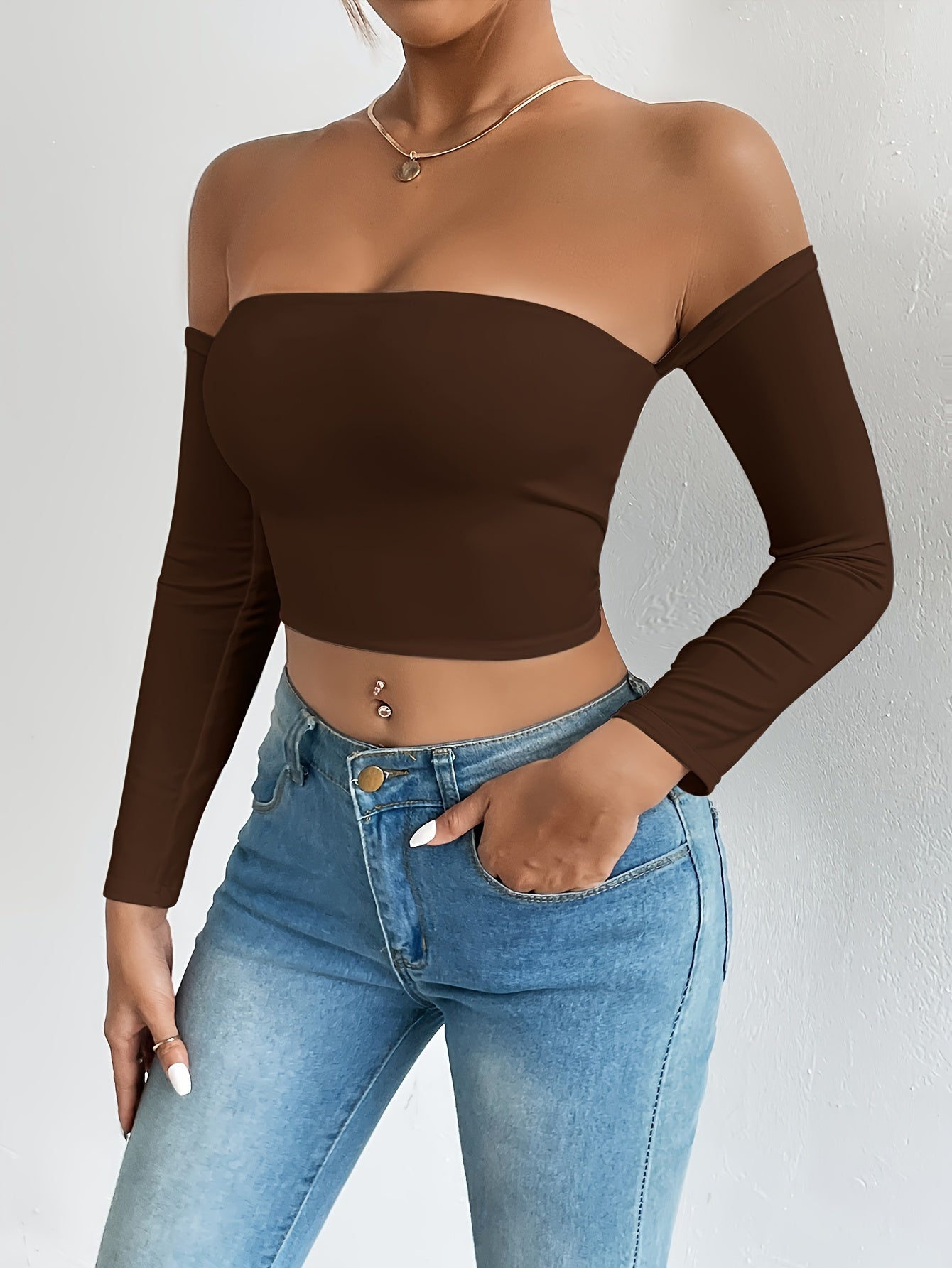 Solid Color Off-shoulder Crop Top, Sexy Long Sleeve Slim Top, Women's Clothing