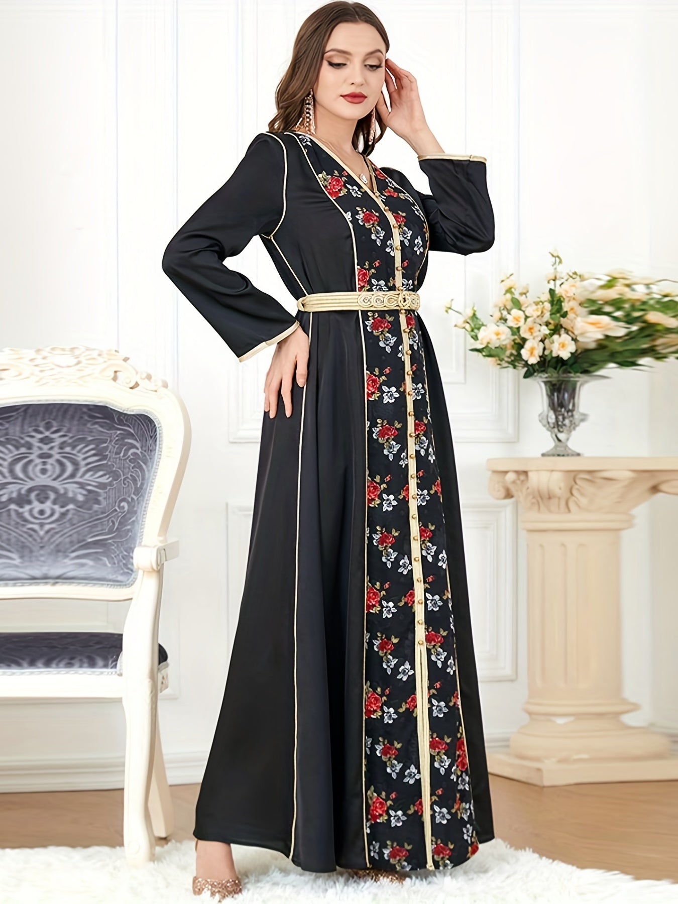 Ethnic Floral Print Kaftan, V Neck Long Sleeve Loose Dress With Belted