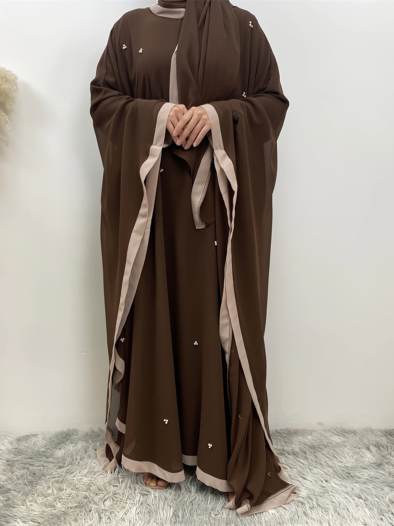 Beaded Contrast Trim Modest Dress, Elegant Batwing Sleeve Loose Maxi Dress With Hijab