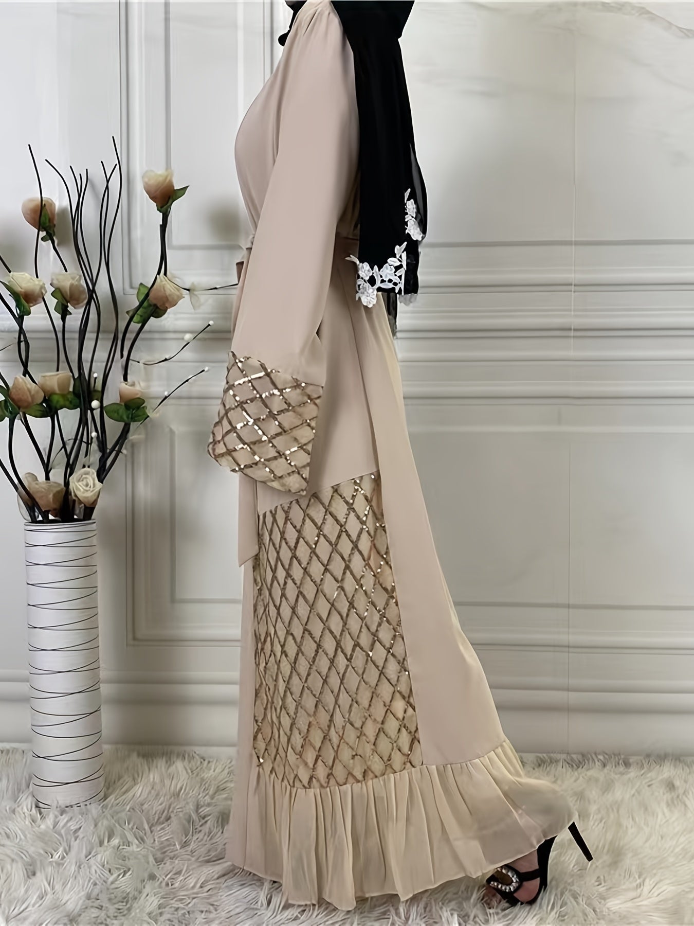 Long Sleeve Wrap Tied Kaftan Dress, Elegant Ruffle Hem Maxi Length Dress