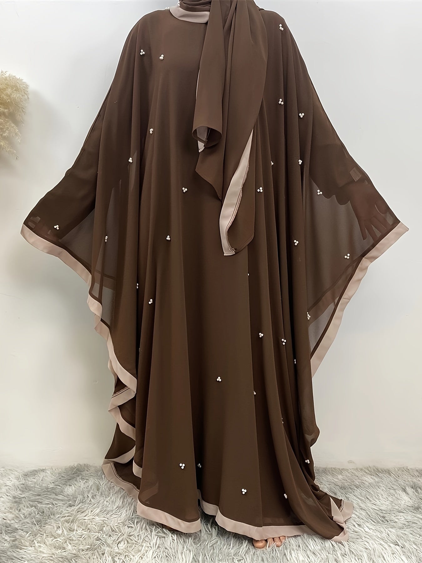 Beaded Contrast Trim Modest Dress, Elegant Batwing Sleeve Loose Maxi Dress With Hijab