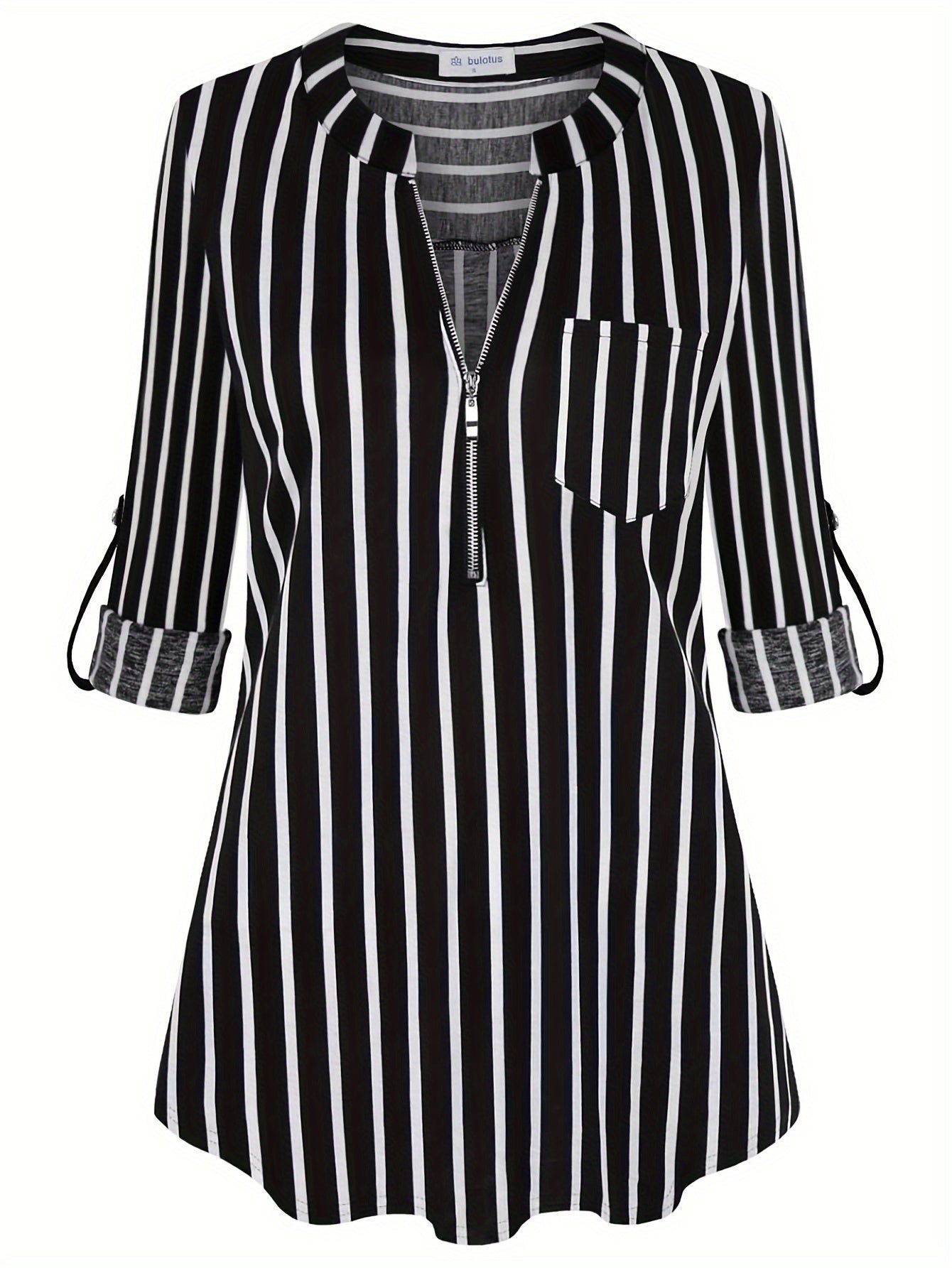 Striped Print Zip Front Blouse, Casual Long Sleeve Top For Spring, Women's Clothing