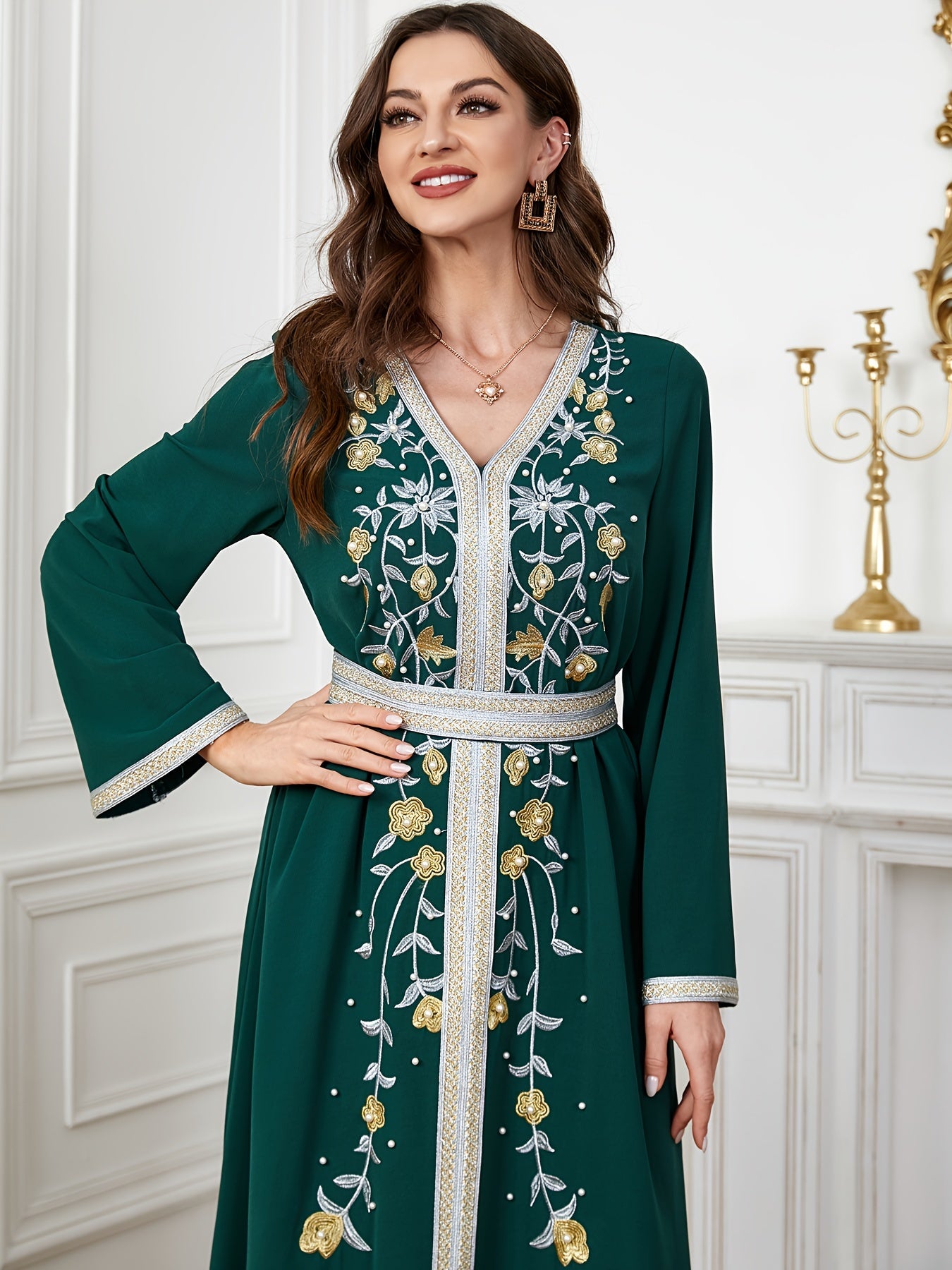 Floral Pattern V Neck Kaftan, Elegant Long Sleeve Belted Maxi Dress