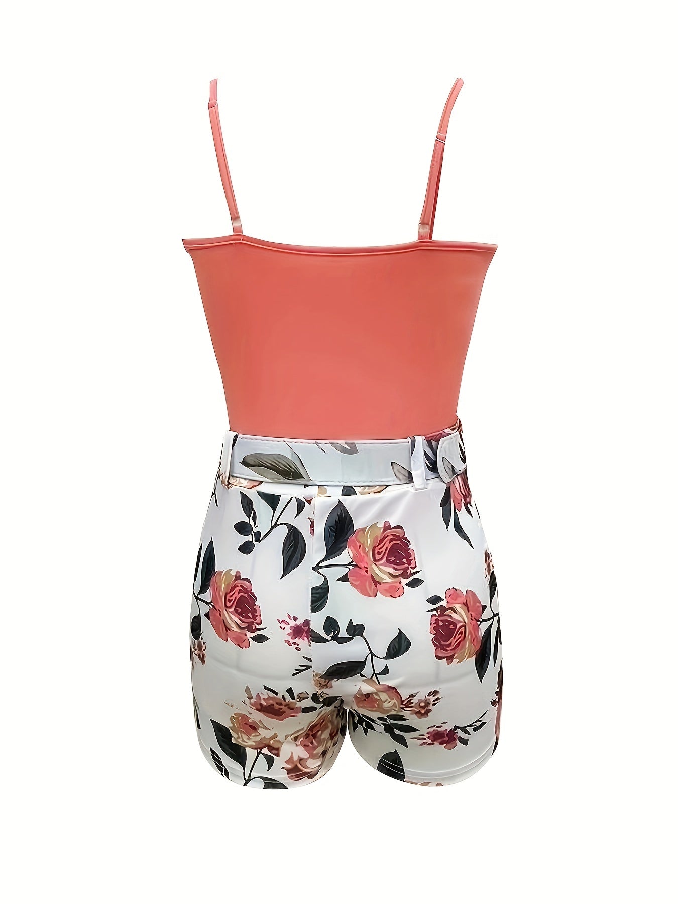 Casual Two-piece Set For Spring & Summer, Surplice Neck Cami Top & Floral Print Belt Shorts Outfits, Women's Clothing