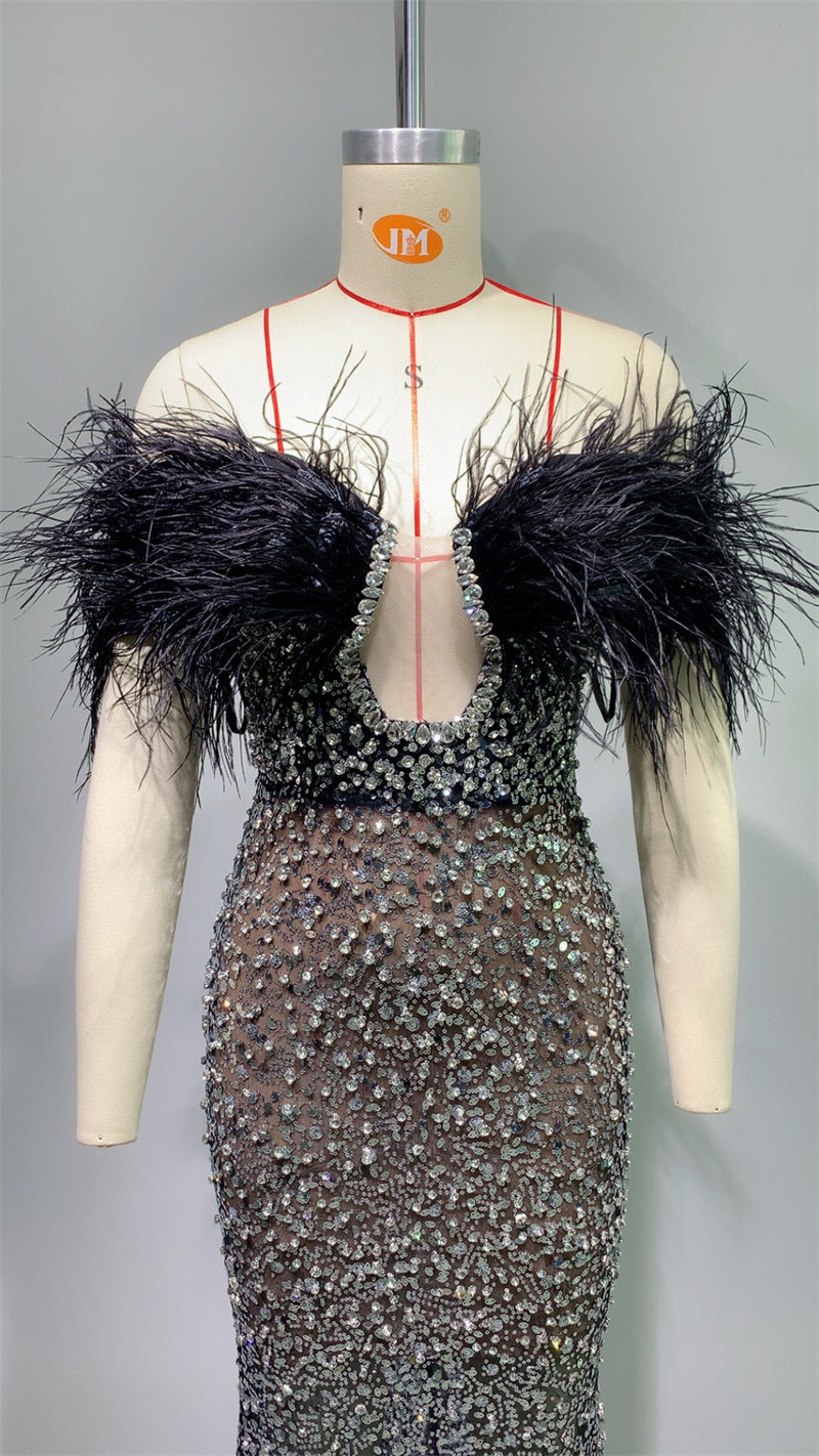 Luxury Feather Rhinestone V-neck Tube Top Sequins Dress