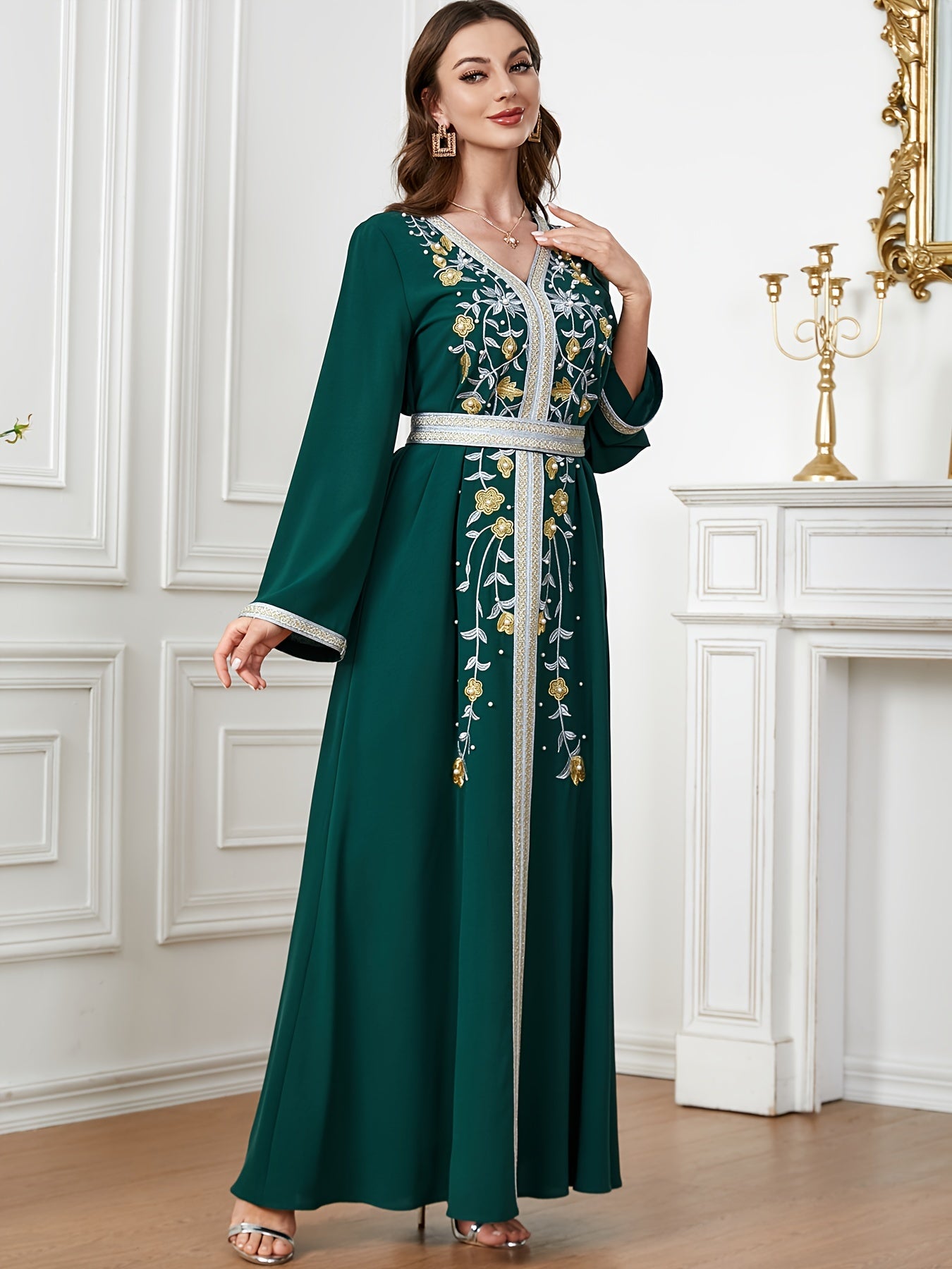 Floral Pattern V Neck Kaftan, Elegant Long Sleeve Belted Maxi Dress