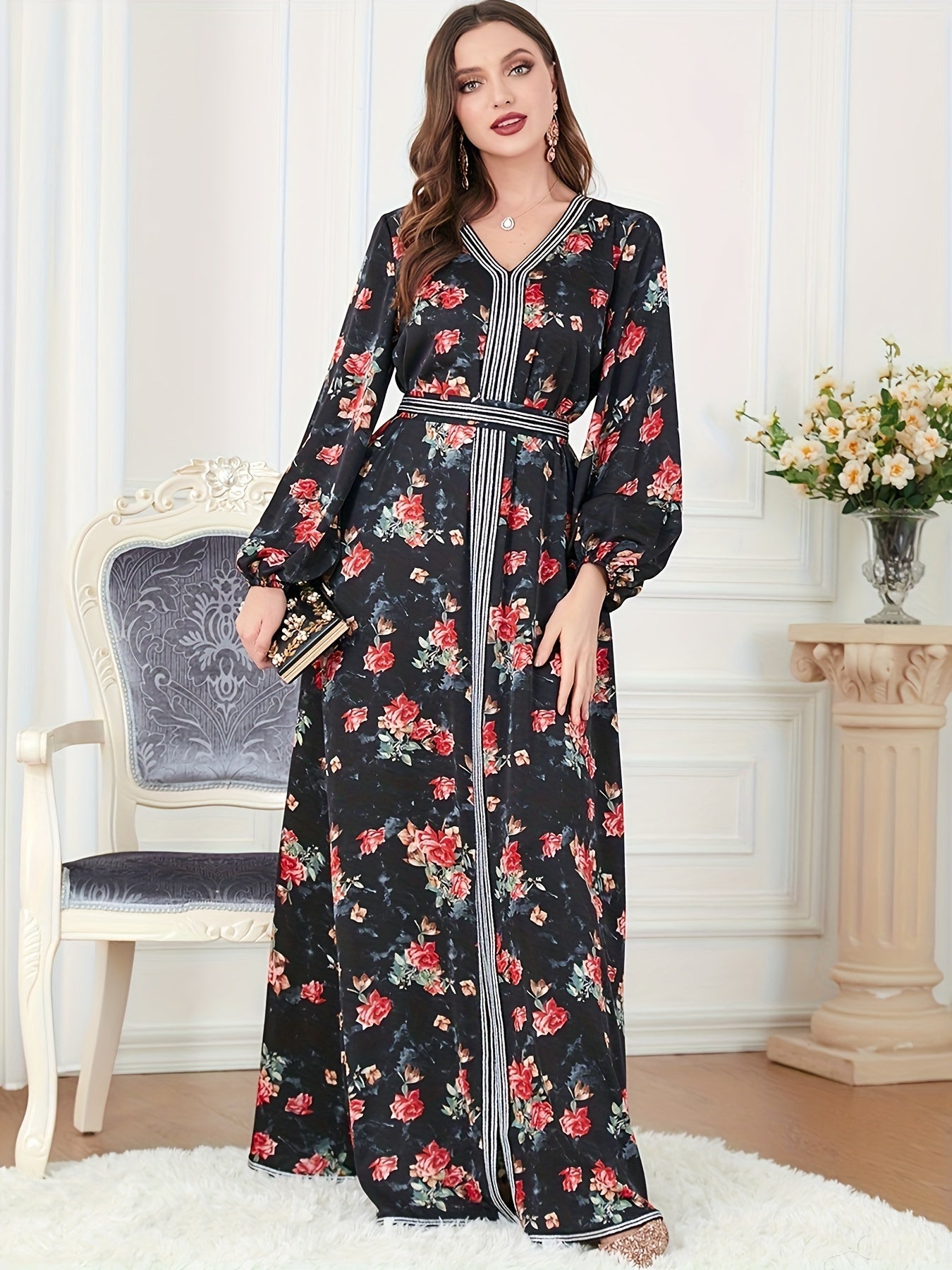 Floral Print V Neck Kaftan, Elegant Long Sleeve Maxi Dress