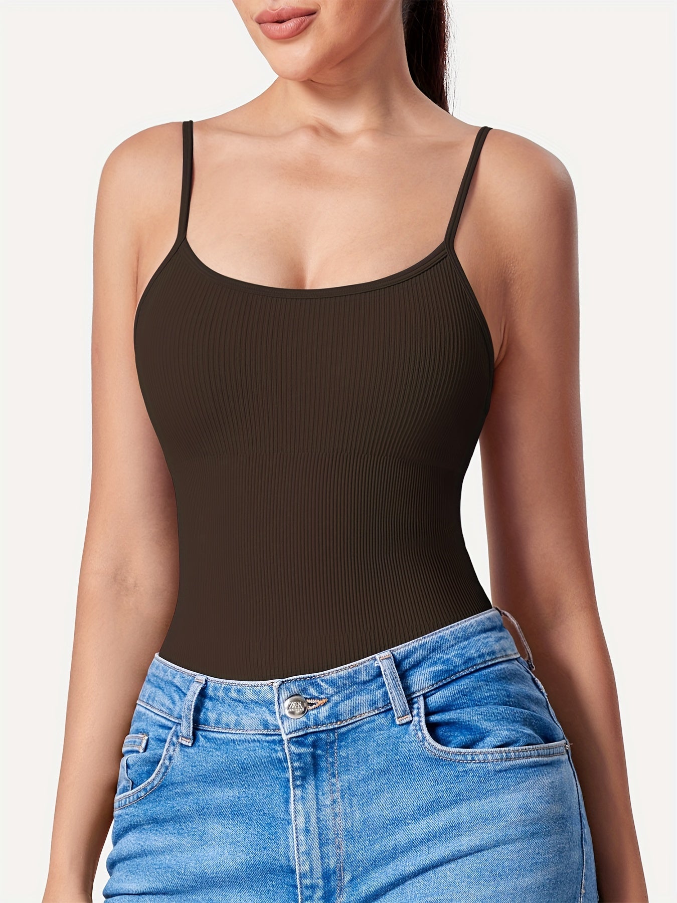 Solid Color Ribbed Cami Bodysuit, Sexy Backless Slim Bodysuit For Summer, Women's Clothing