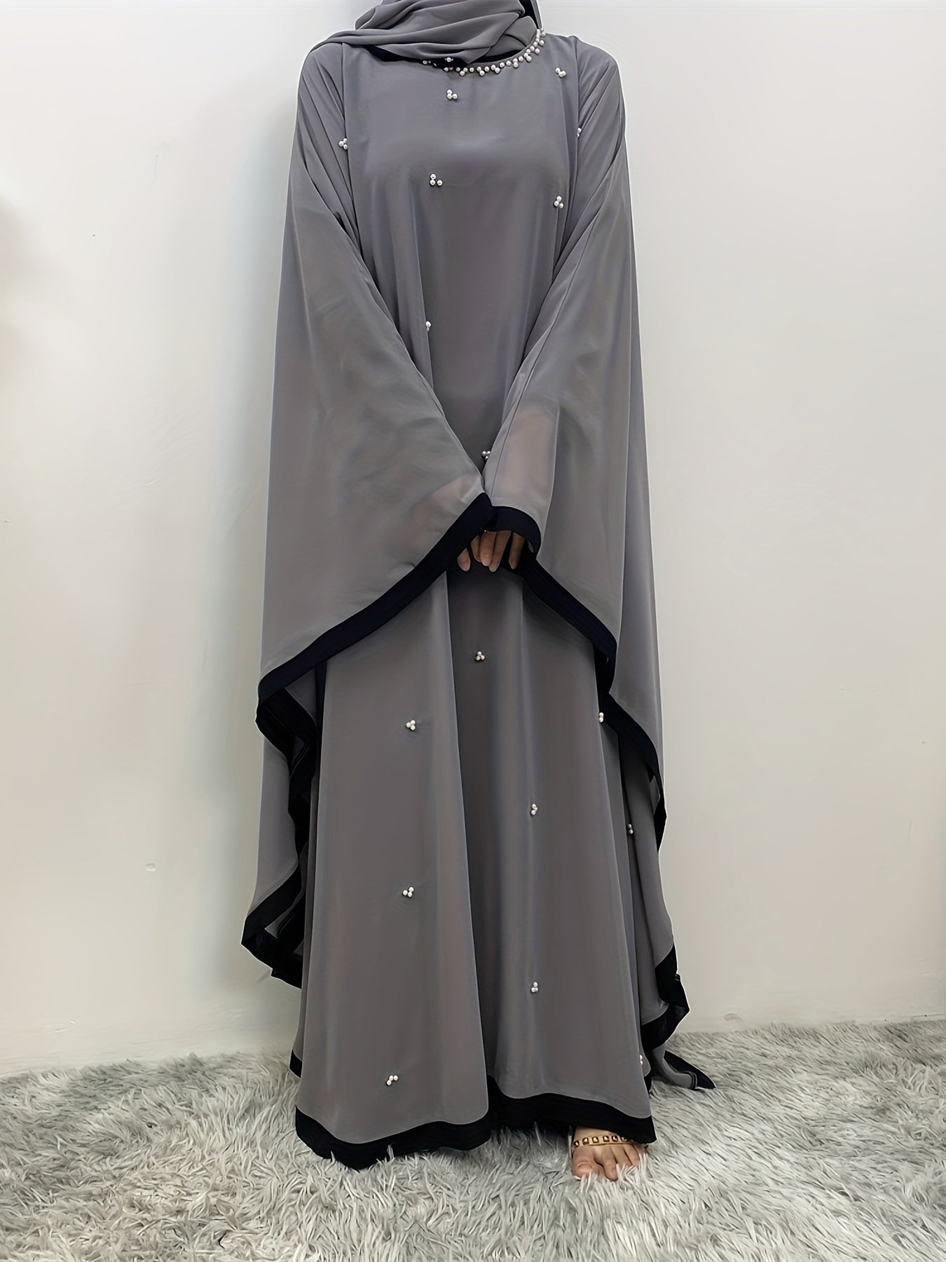 Beaded Contrast Trim Modest Dress, Elegant Batwing Sleeve Loose Maxi Dress With Hijab