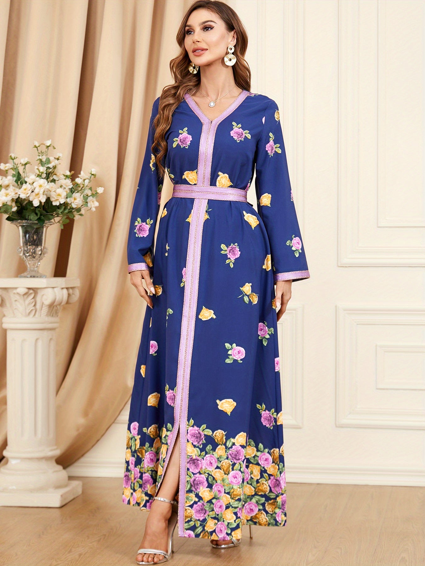 Floral Print V-neck Kaftan Dress, Elegant Contrast Trim Maxi Length Dress