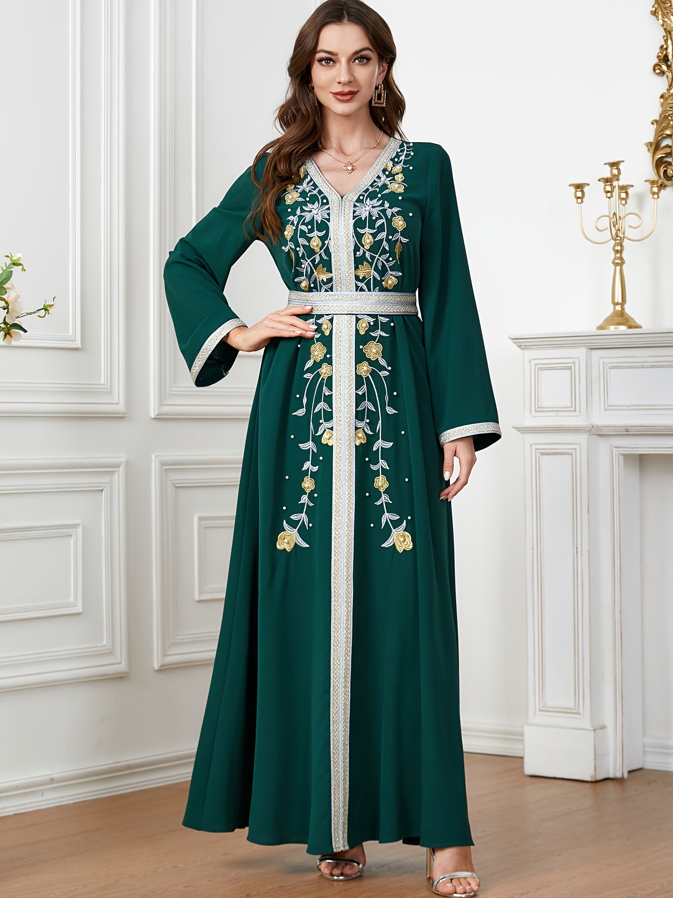 Floral Pattern V Neck Kaftan, Elegant Long Sleeve Belted Maxi Dress