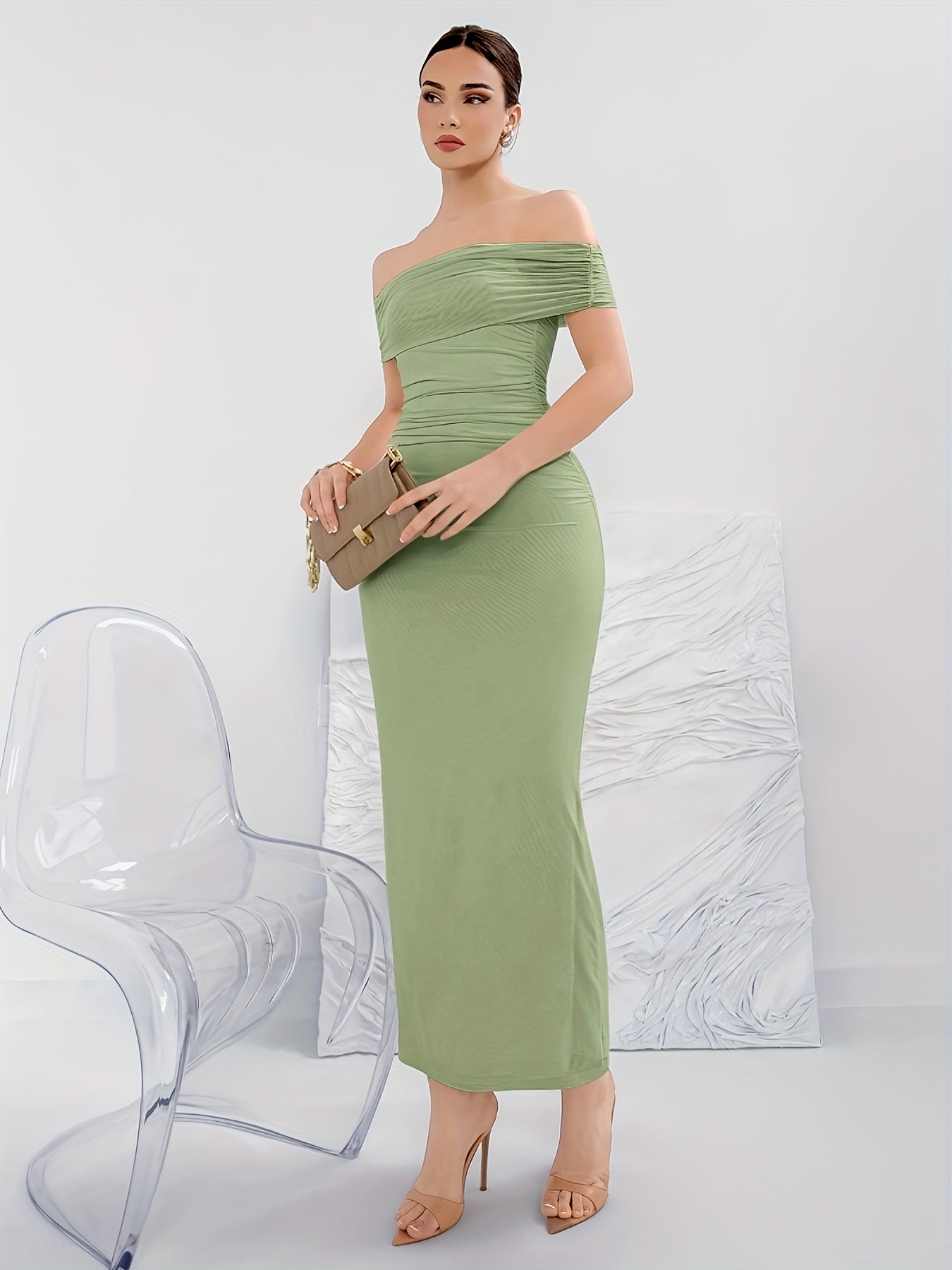 Off-shoulder A-line Sheath Dress, Elegant Solid Color Straight Neck Ankle Length Ruched Dress