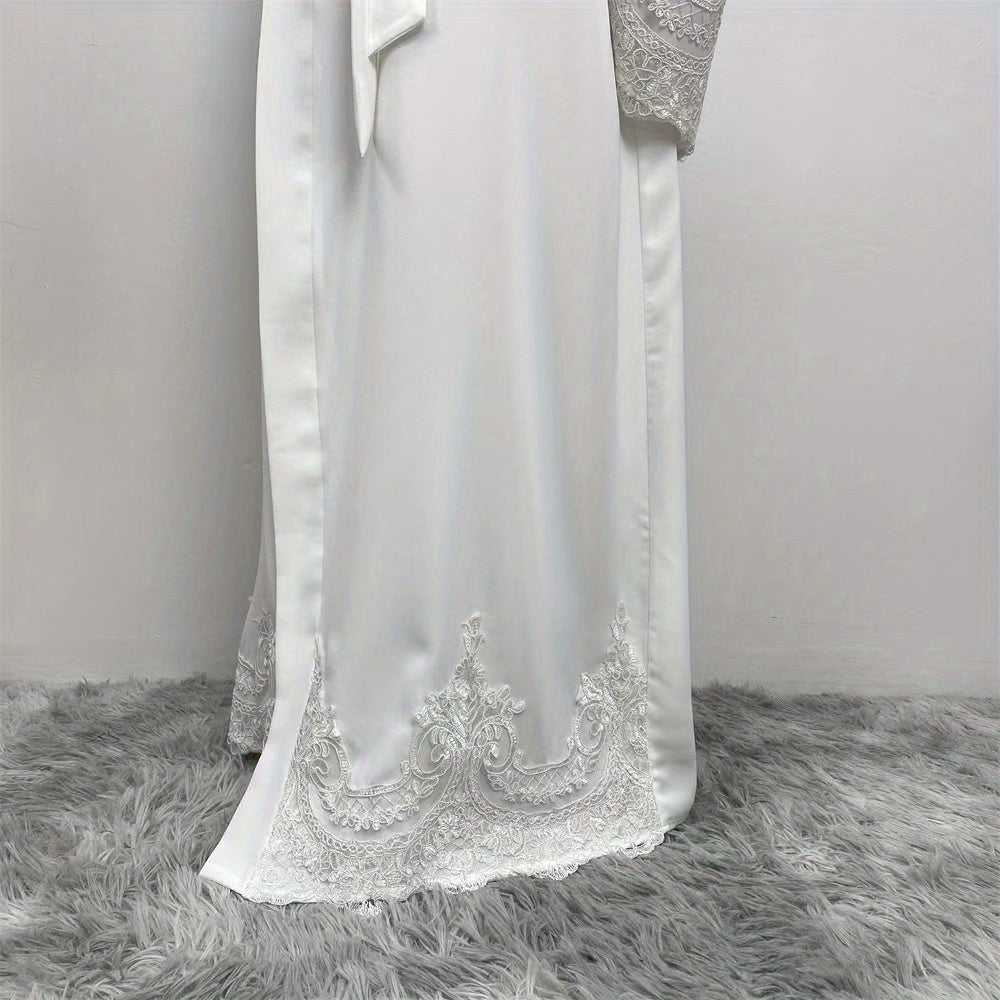 Contrast Lace abaya, Elegant Open Front Long Sleeve Maxi Modest abaya