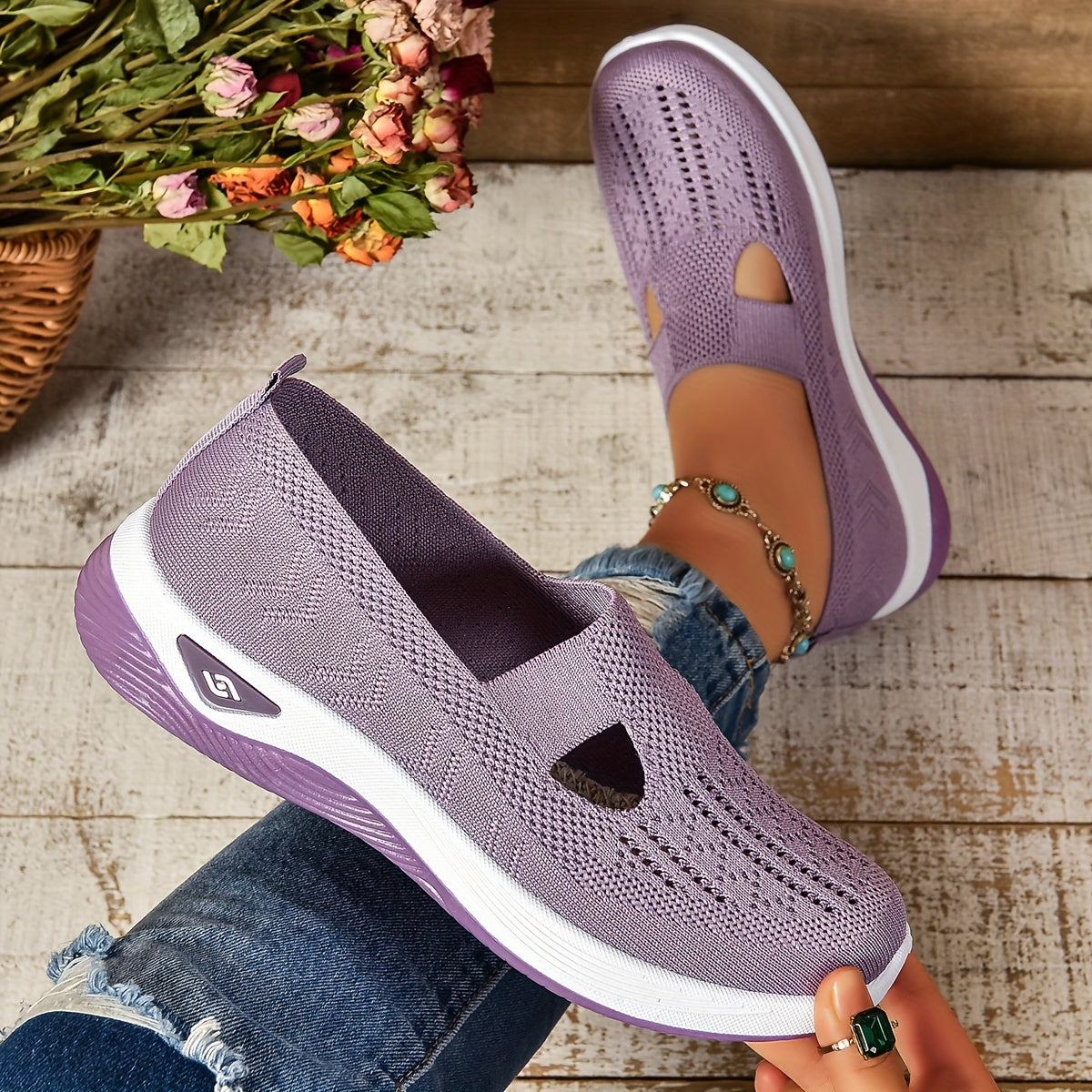 Women's Cut-out Sneakers, Casual Breathable Slip On Walking Shoes, Lightweight Outdoor Flat Shoes