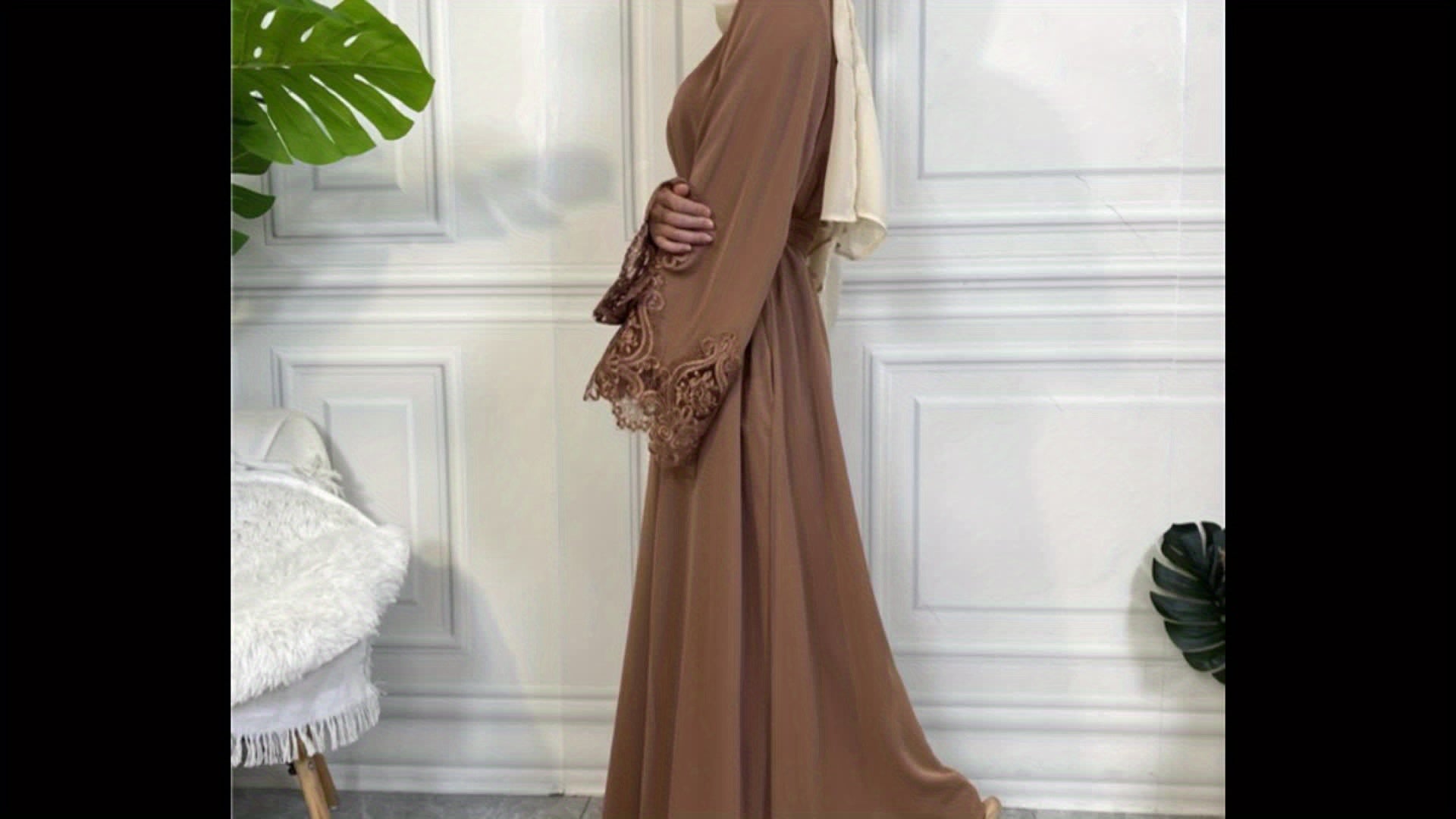 Lace Belted Long Sleeve Abayas Dress, Elegant Maxi Length Dress