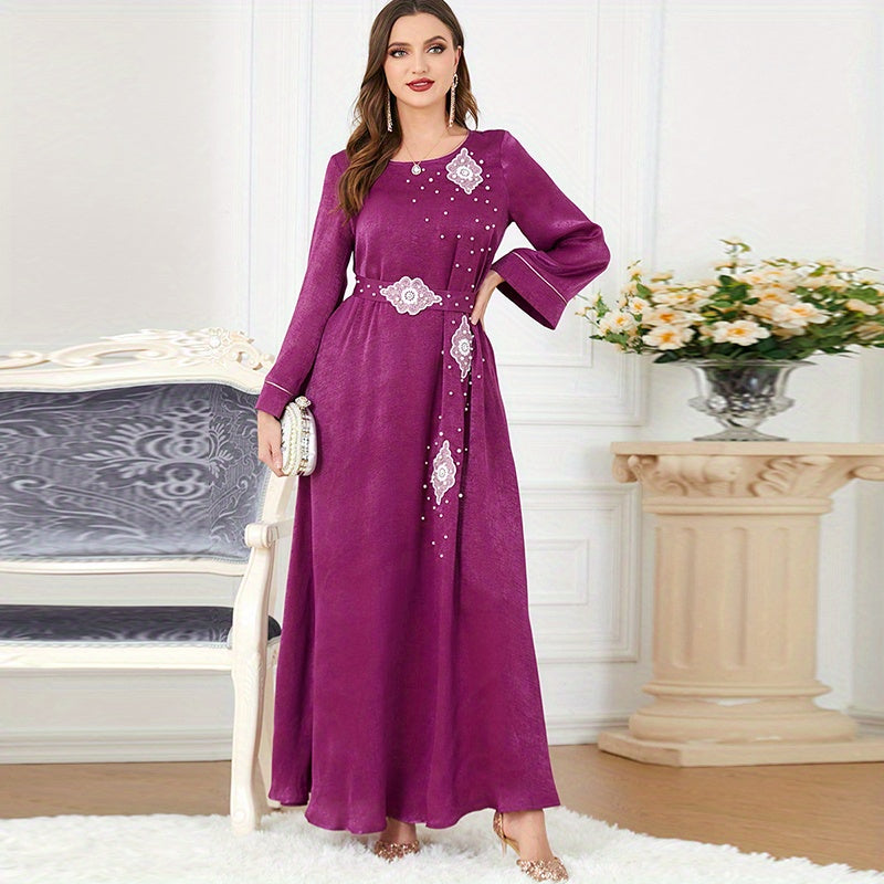 Beaded Decor Kaftan, Elegant Crew Neck Long Sleeve Dress