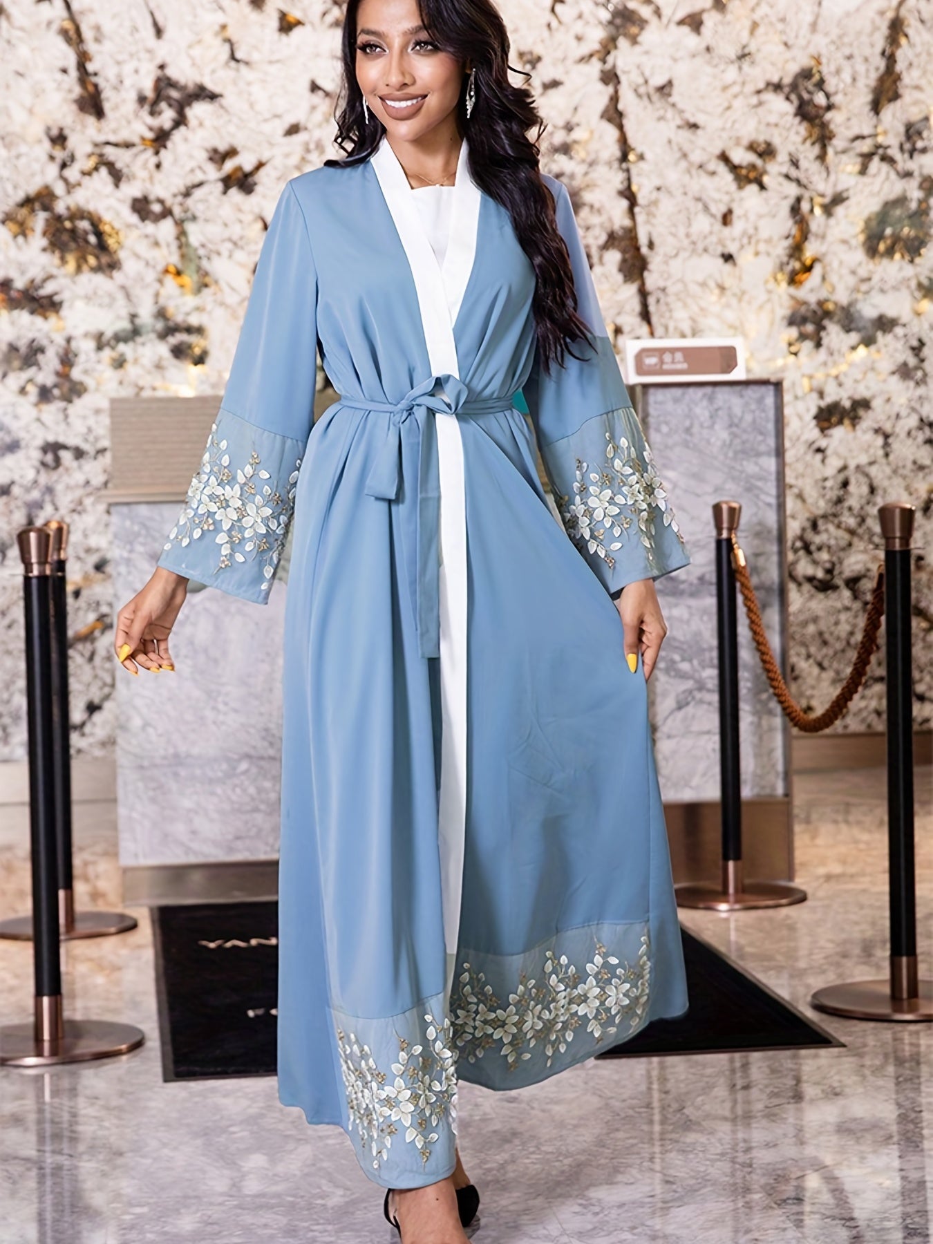 Floral Pattern Kaftan Dress, Elegant Open Front Long Sleeve Maxi Dress