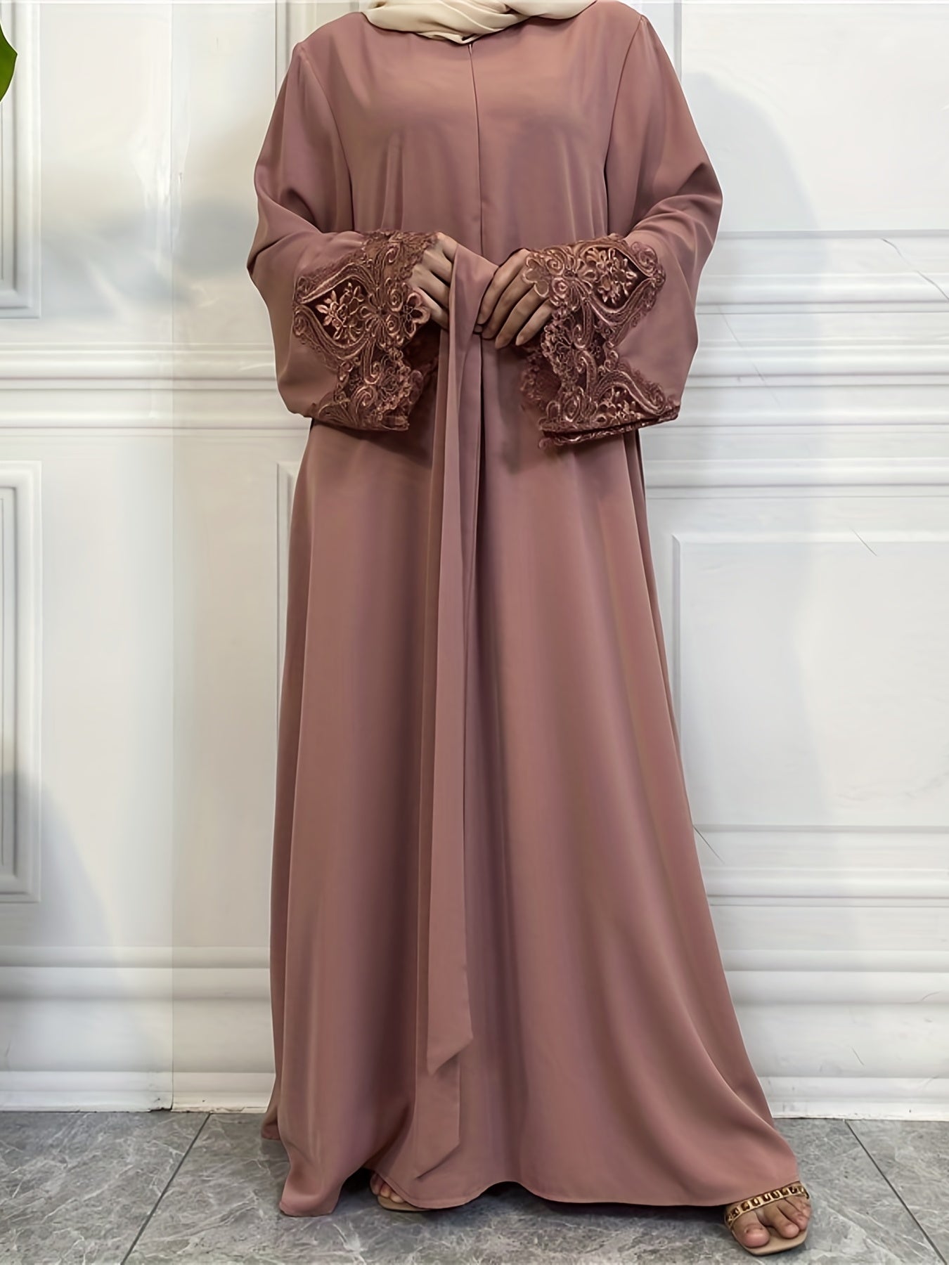 Contrast Lace Solid Kaftan Dress, Modest Long Sleeve Maxi Dress