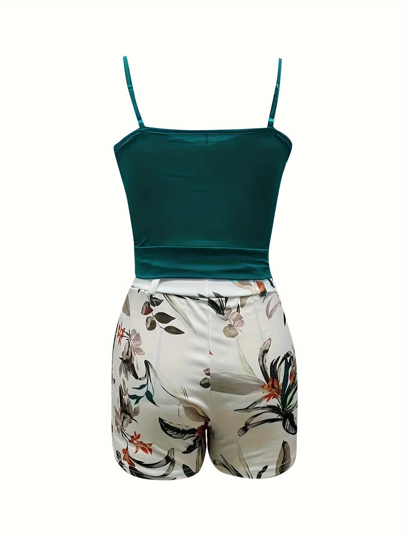 Casual Two-piece Set For Spring & Summer, Surplice Neck Cami Top & Floral Print Belt Shorts Outfits, Women's Clothing