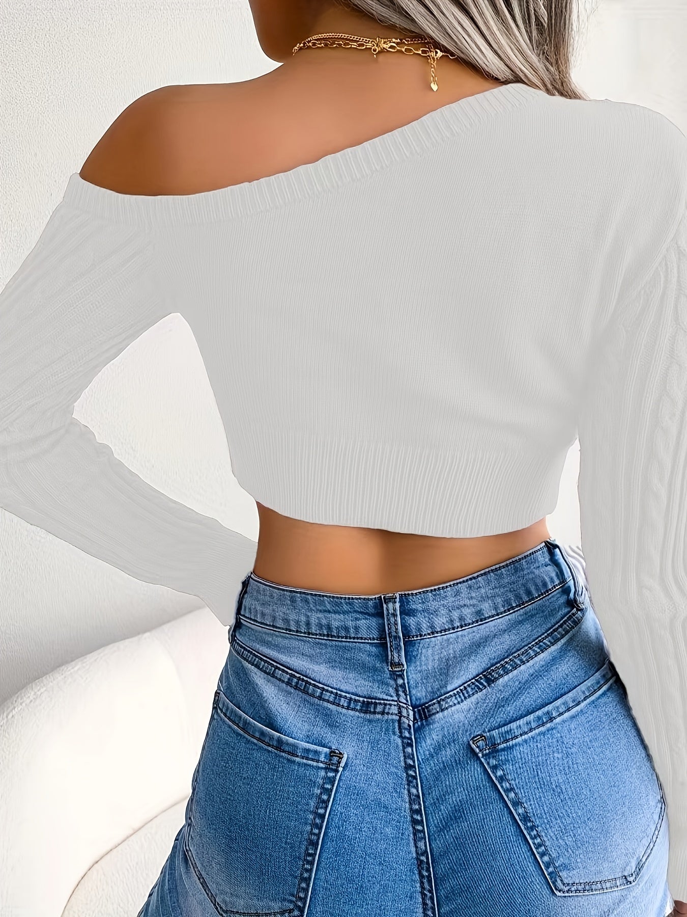 Slanted Shoulder Cable Knit Sweater, Sexy Long Sleeve Cropped Sweater, Women's Clothing