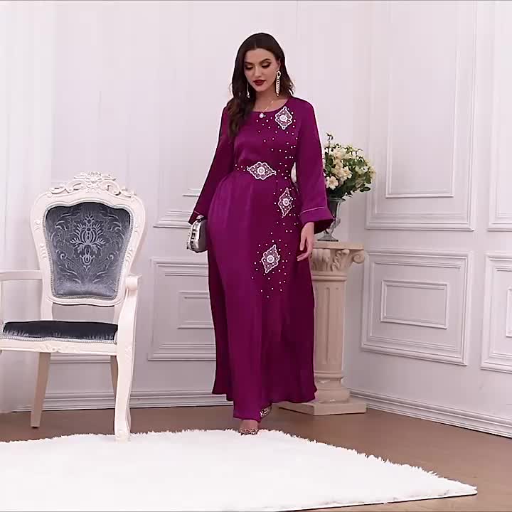 Beaded Decor Kaftan, Elegant Crew Neck Long Sleeve Dress