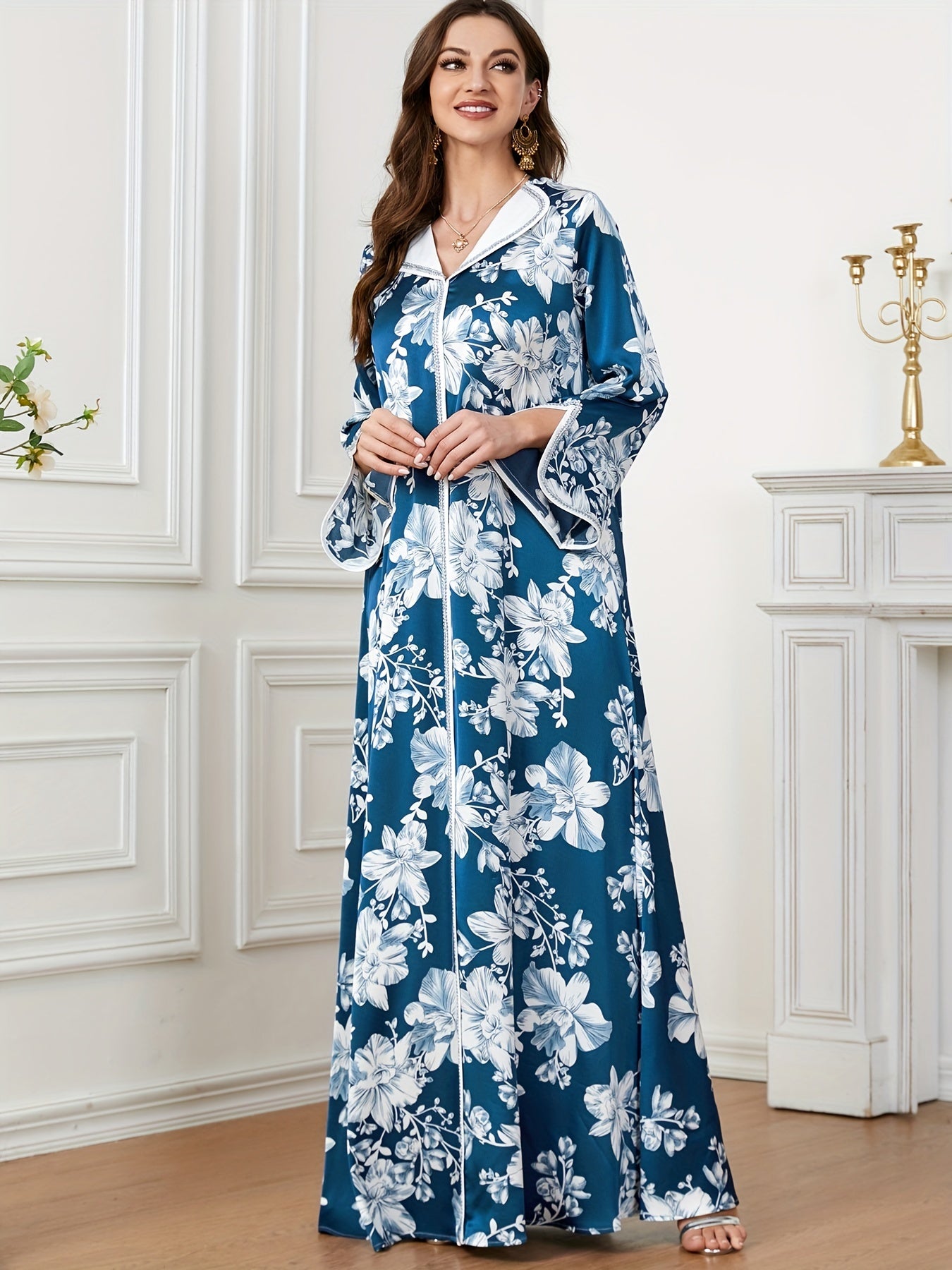 Floral Print Maxi Kaftan Dress, Elegant Split Long Sleeve Dress