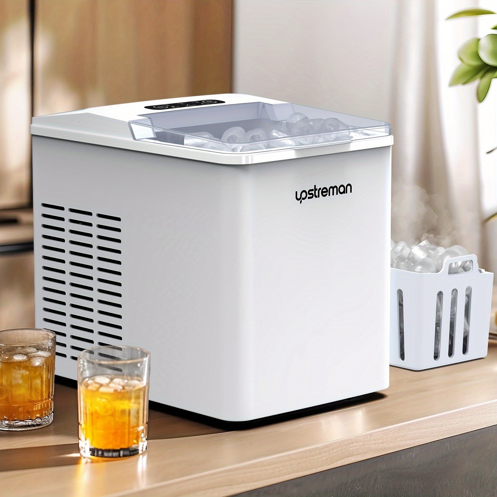 1pc Upstreman Y90 Countertop Ice Maker, Self-Cleaning Ice Cube Maker Machine, Max 26Lbs/Day, 9 Ice Cubes Ready In 6 Mins, Portable Bullet Ice Maker For Home