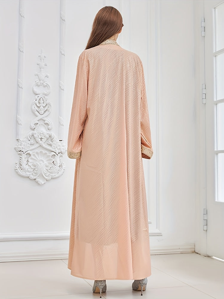 Open Front Long Sleeve Kaftan Dress, Elegant Tie-waist Maxi Length Dress