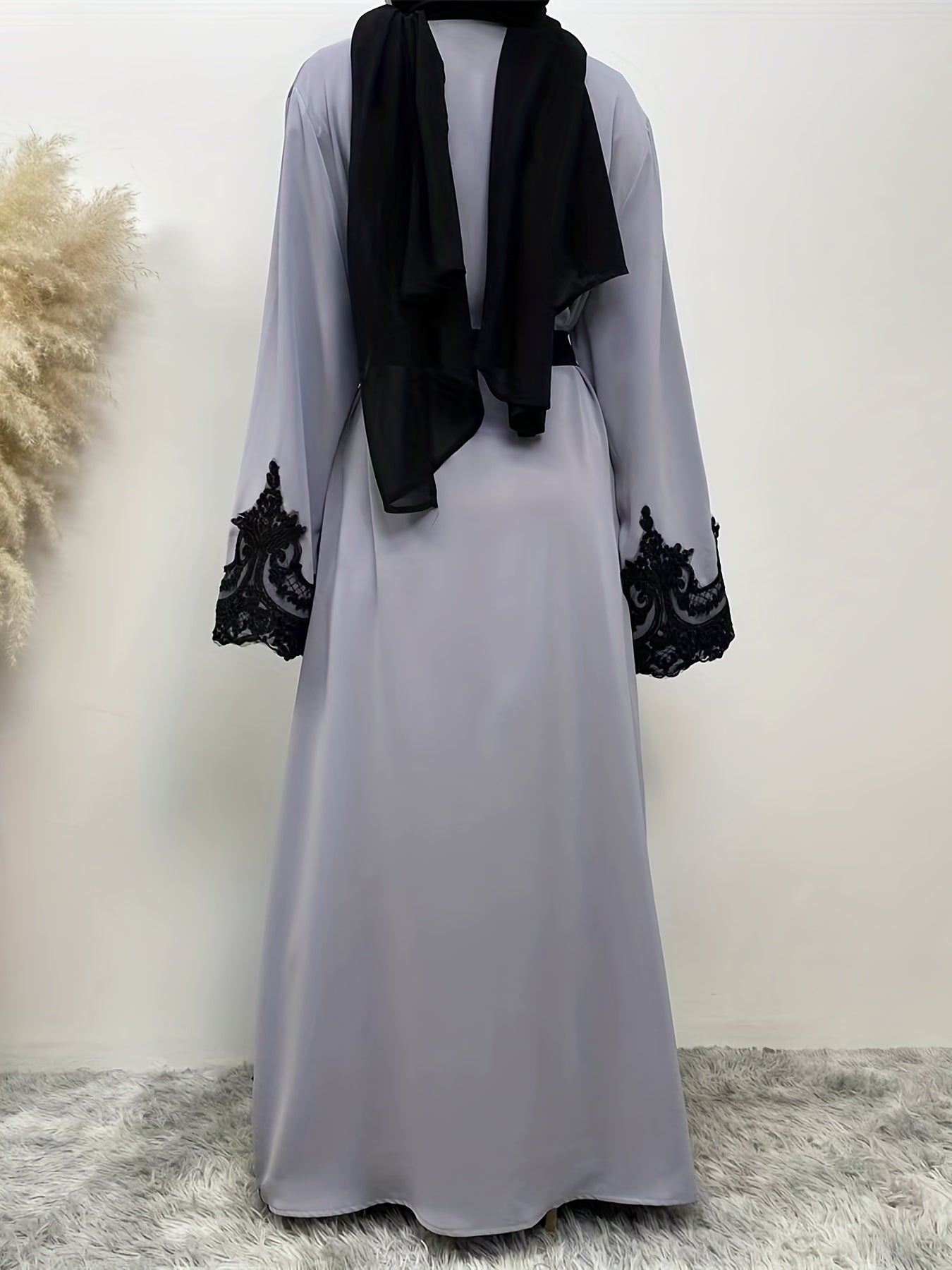 Contrast Lace abaya, Elegant Open Front Long Sleeve Maxi Modest abaya