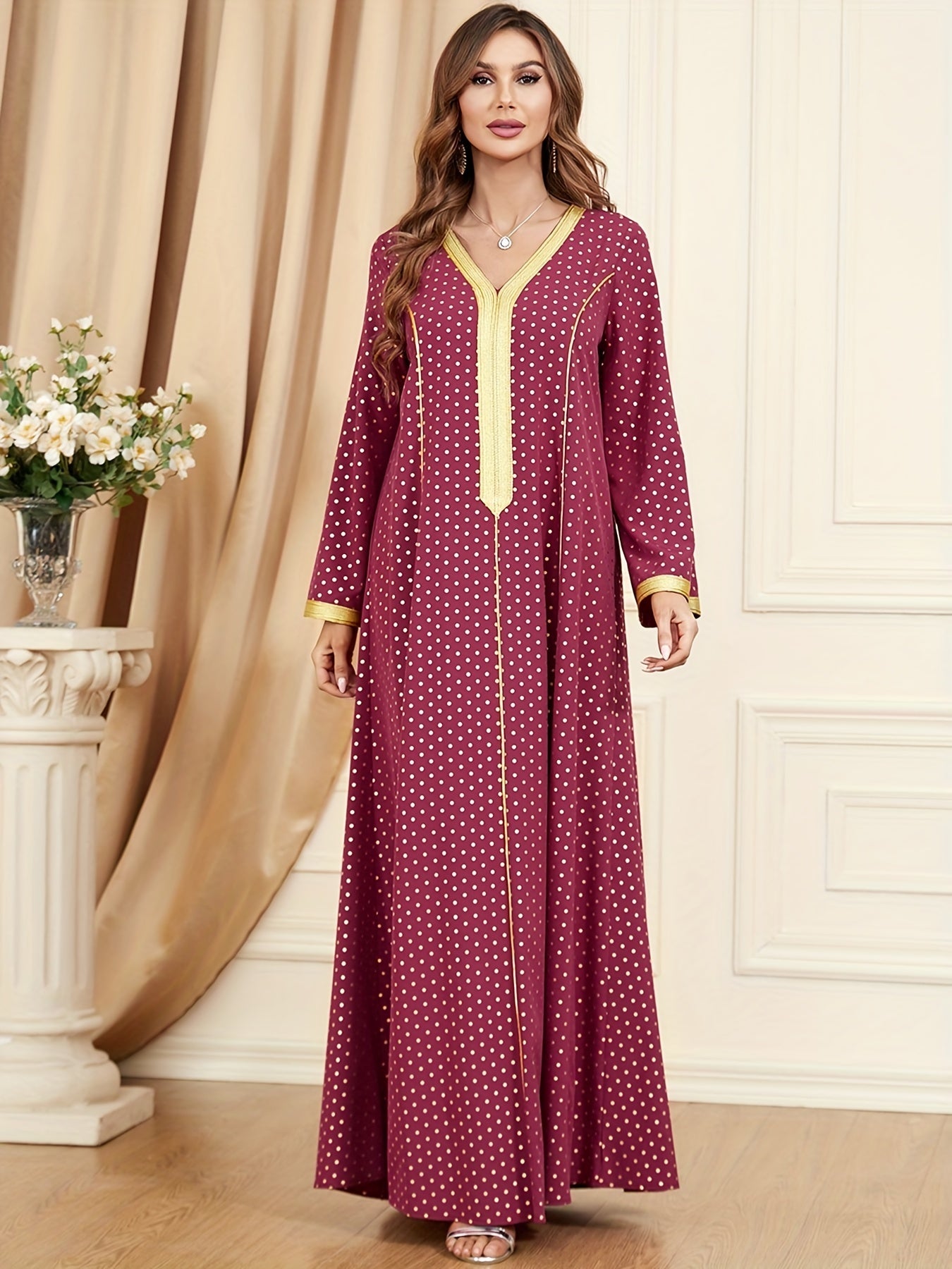 Ramadan Polka-dot Contrast Trim Kaftan Dress, Elegant V-neck Long Sleeve Maxi Length Dress