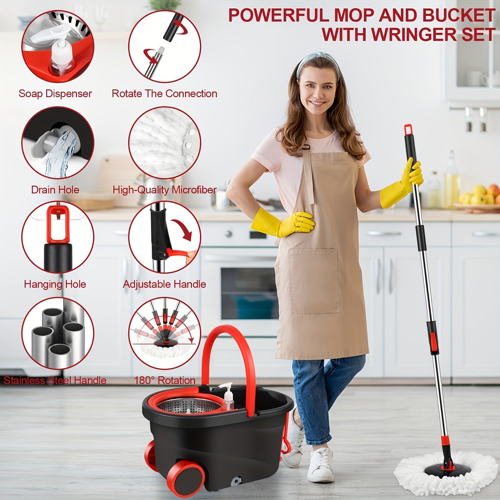 Spin Mop and Bucket with Wringer Set on Wheels, 360° Spinning Mop Bucket System with 3 Microfiber Mop Replacement Heads