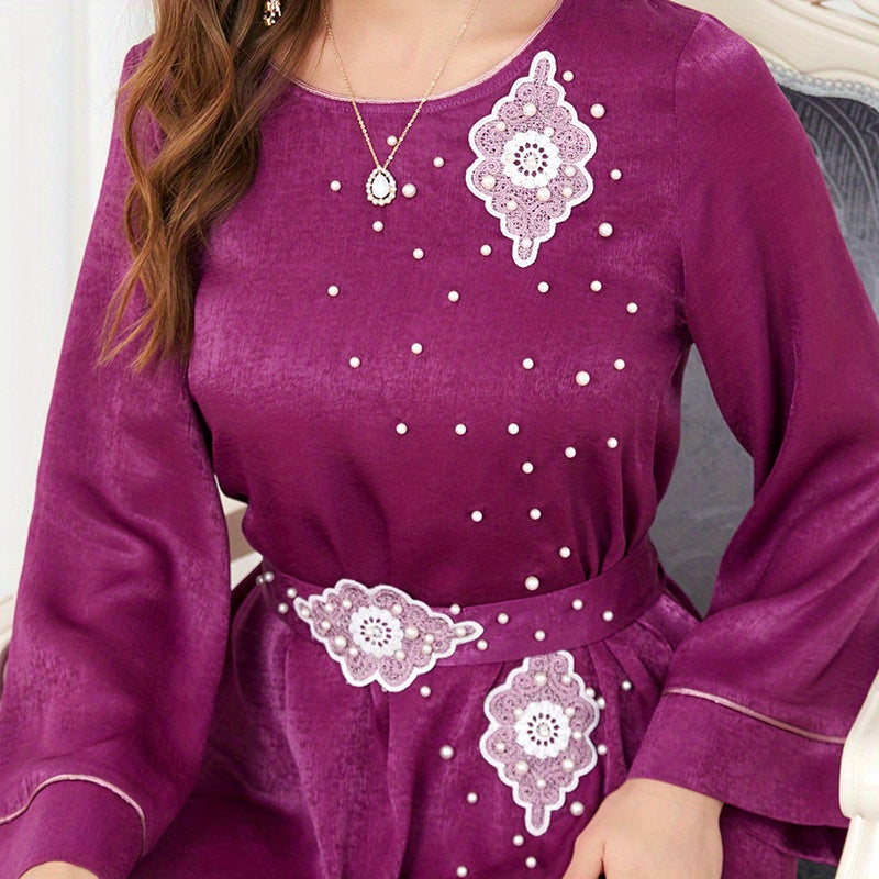 Beaded Decor Kaftan, Elegant Crew Neck Long Sleeve Dress