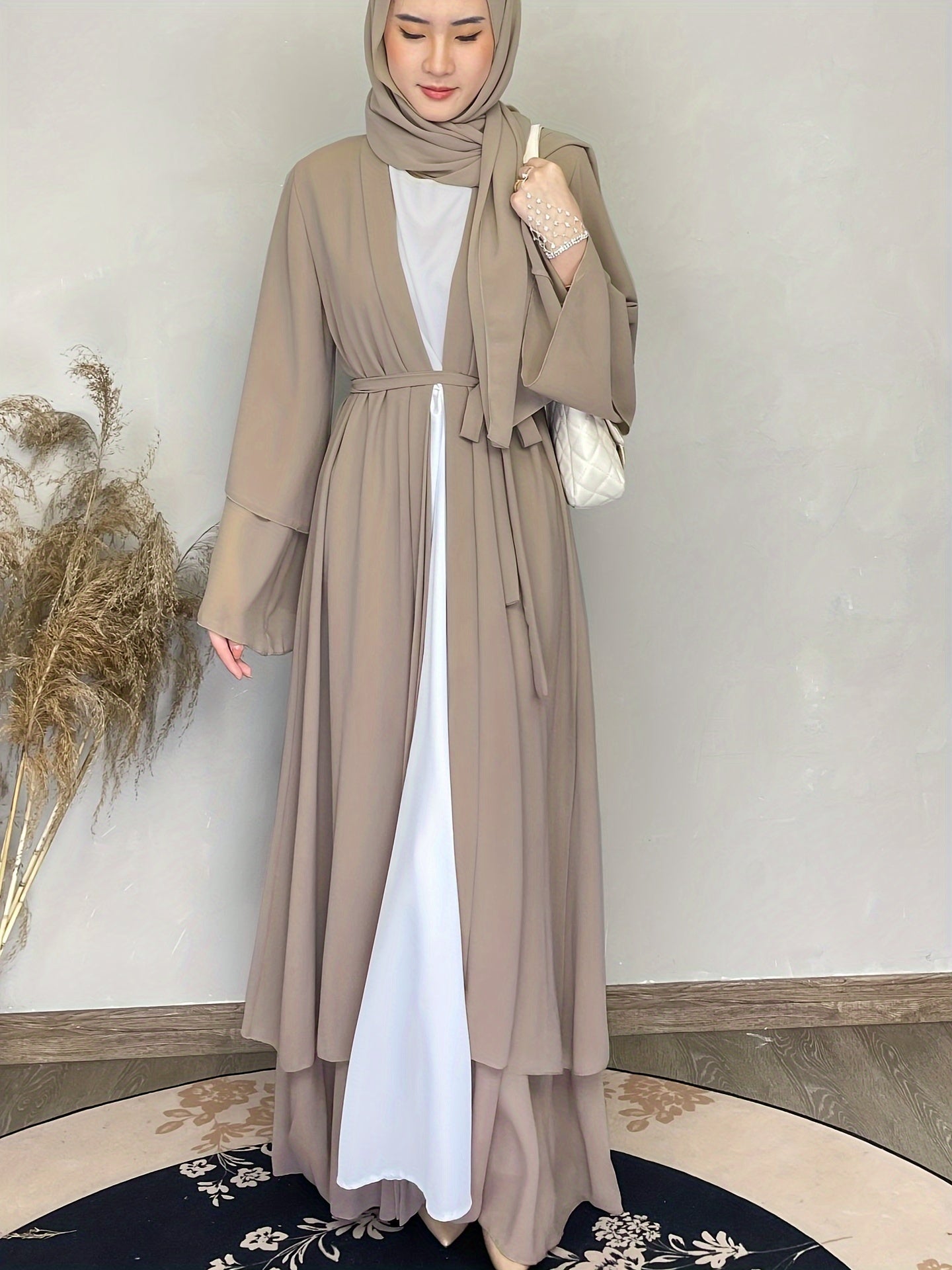 Solid Tie Waist Modest Dress, Elegant Layered Hem Maxi Length Dress