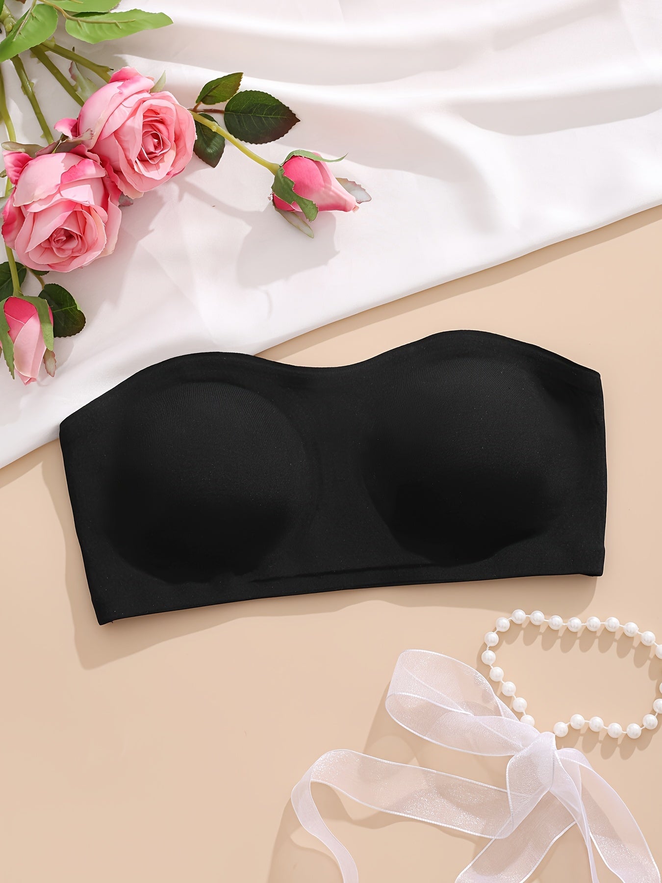 Solid Seamless Strapless Side Closure Wireless Bandeau Top, Sexy Comfy Push Up Bra, Women's Lingerie & Underwear