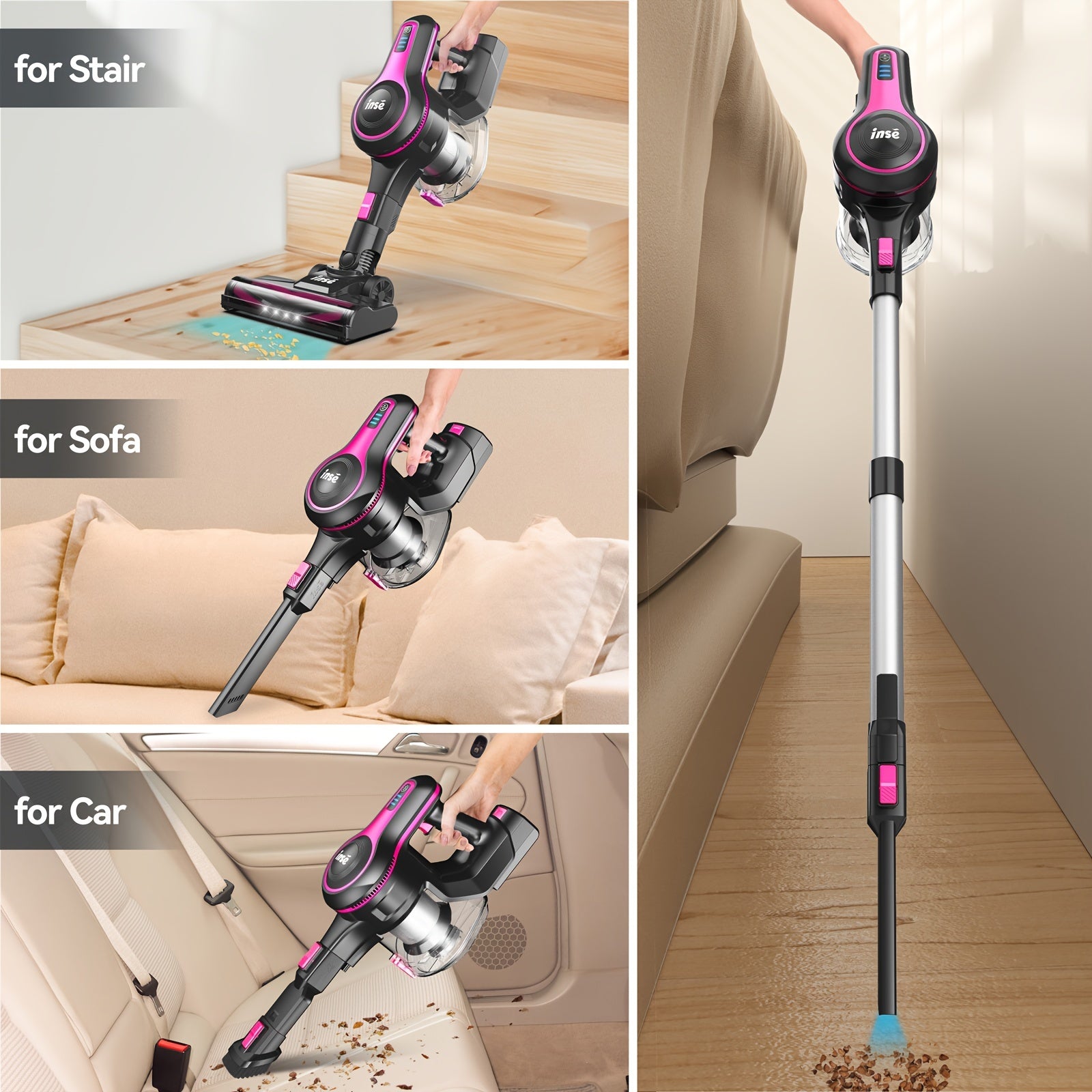 INSE N520 Cordless Vacuum Cleaner, 6 In 1 Rechargeable Powerful Lightweight Stick Vacuum With 2200 MAh Battery