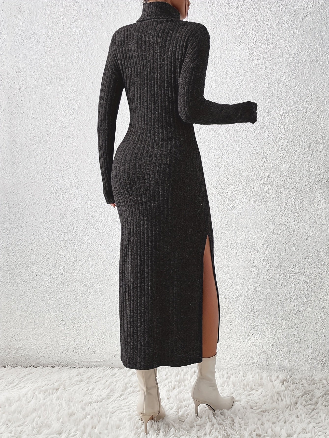 Turtleneck Split Solid Dress, Elegant Long Sleeve Bodycon Midi Dress, Women's Clothing