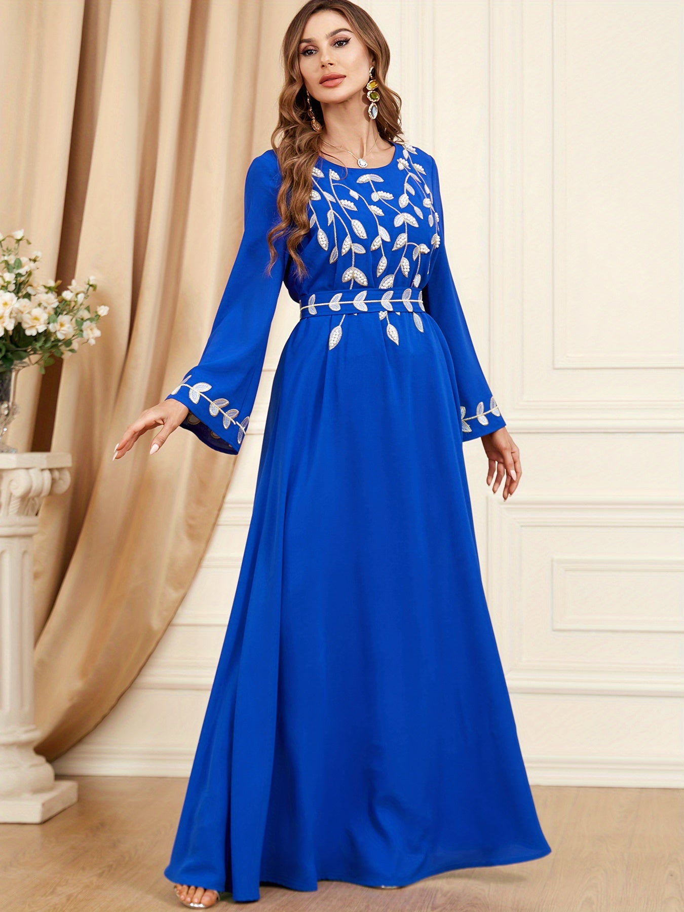 Crew Neck Embroidery Kaftan Dress, Elegant Tie-waist Long Sleeve Maxi Length Dress