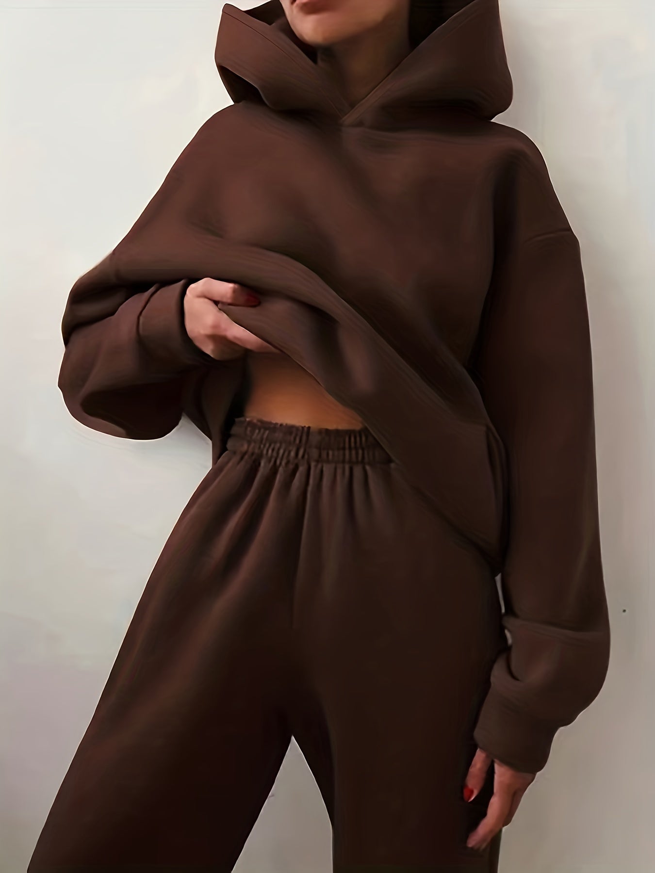 Casual Solid Two-piece Set, Kangaroo Pocket Hoodie & Elastic Waist Pants Outfits, Women's Clothing